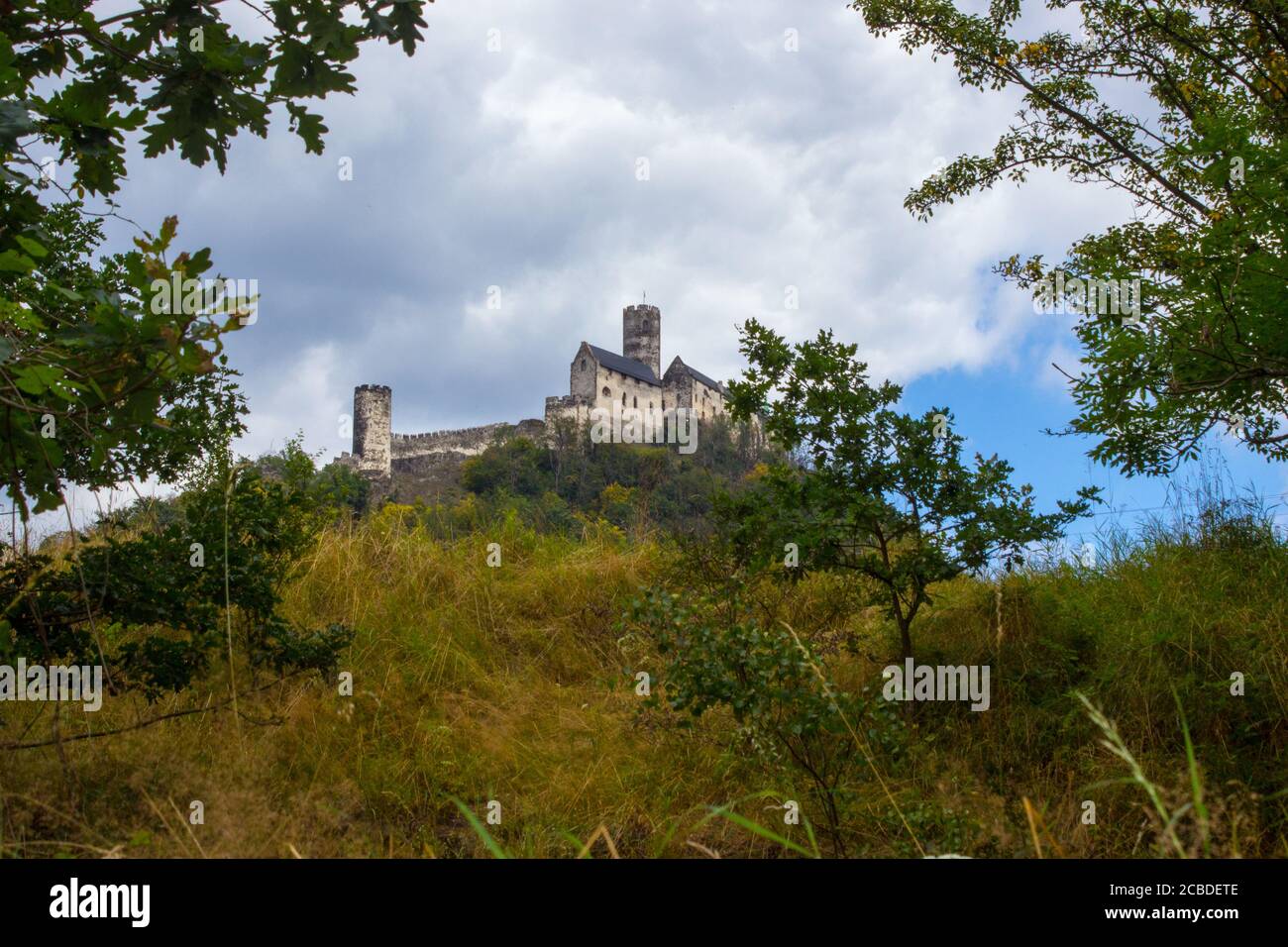 Panoramic view of Bezdez castle in the Czech Republic. In the foreground there are trees, in the background is a hill with castle and there are a whit Stock Photo