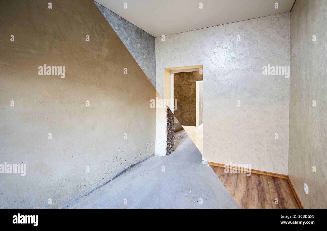 Room in apartment before and after renovation works, grey wallpapers and wood textured laminate, empty doorway, renovation concept Stock Photo