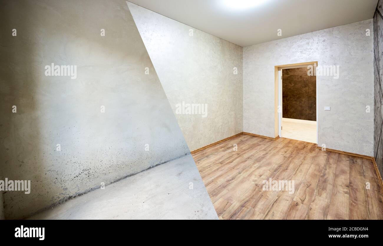 Room modernization, empty concrete walls vs new empty rebuilt living room with wood laminate on the floor, beautiful beige wallpapers Stock Photo