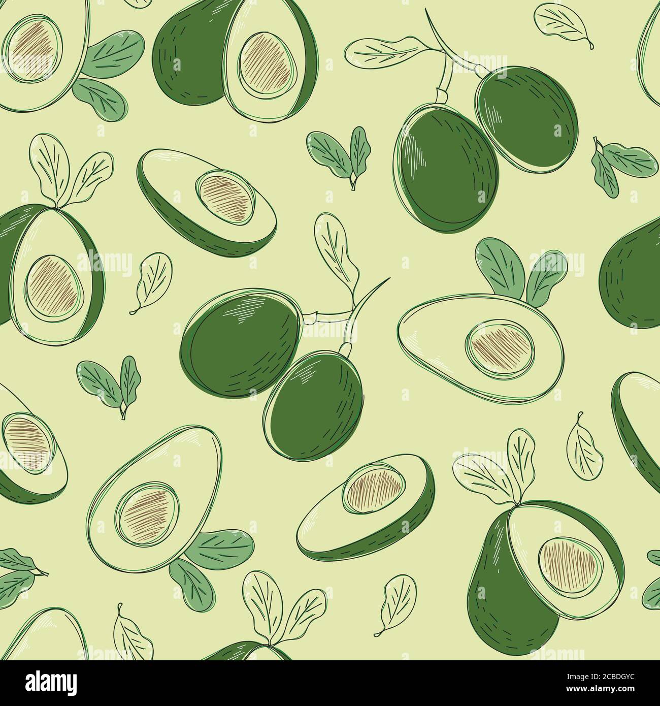 Vector seamless background with whole and sliced avocado fruit on a light background Stock Vector