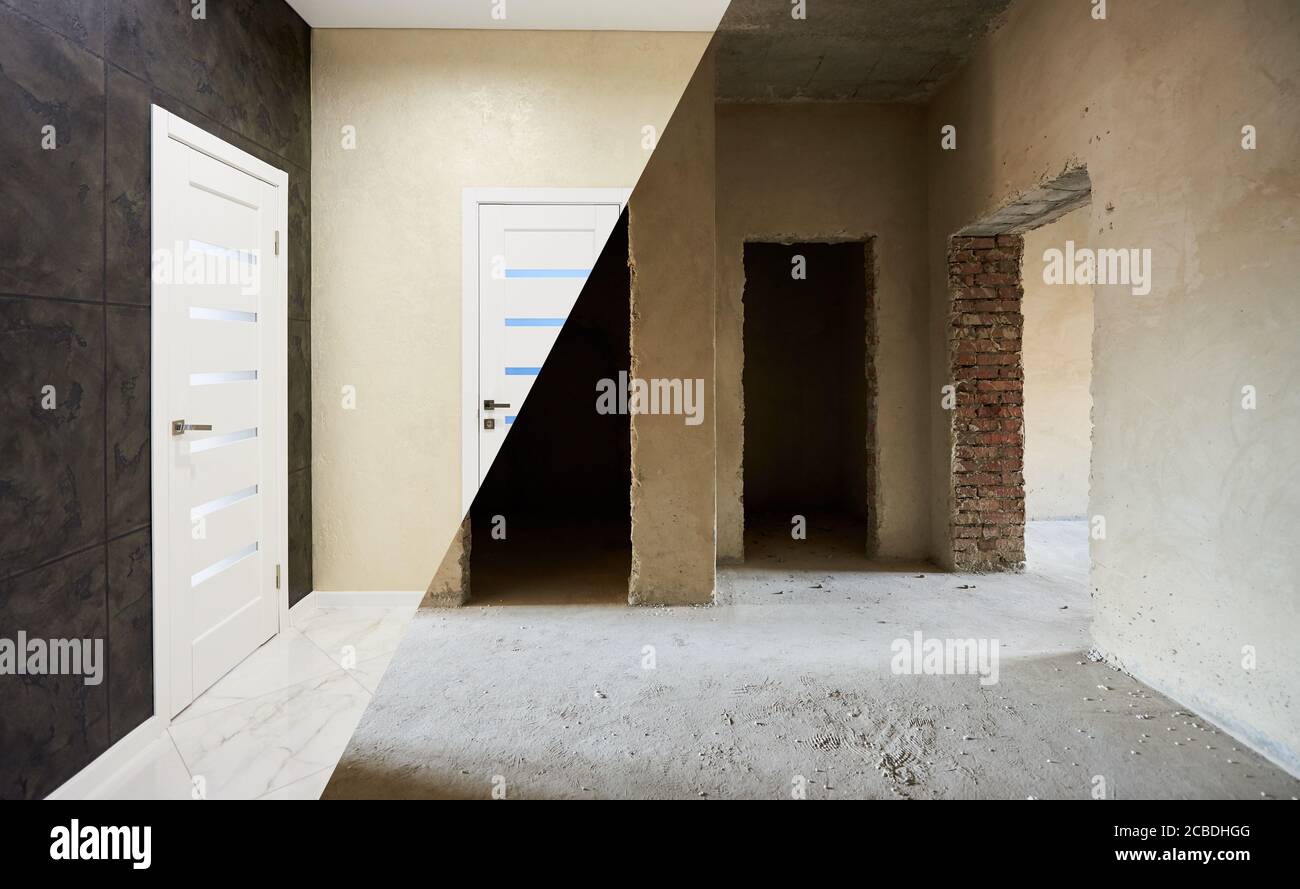 Comparison of a room in apartment before and after renovation work, empty grey walls, floor and doorways vs new light room with white doors and contrasted walls Stock Photo