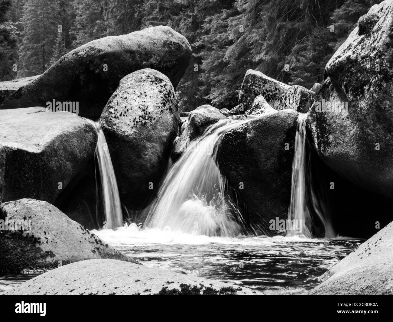 Blurred river stream detail of wild rocky mountain river. Silky effect. Motion rendition effect. Slow shutter speed effect. Long exposure effect. . Black and white image. Stock Photo