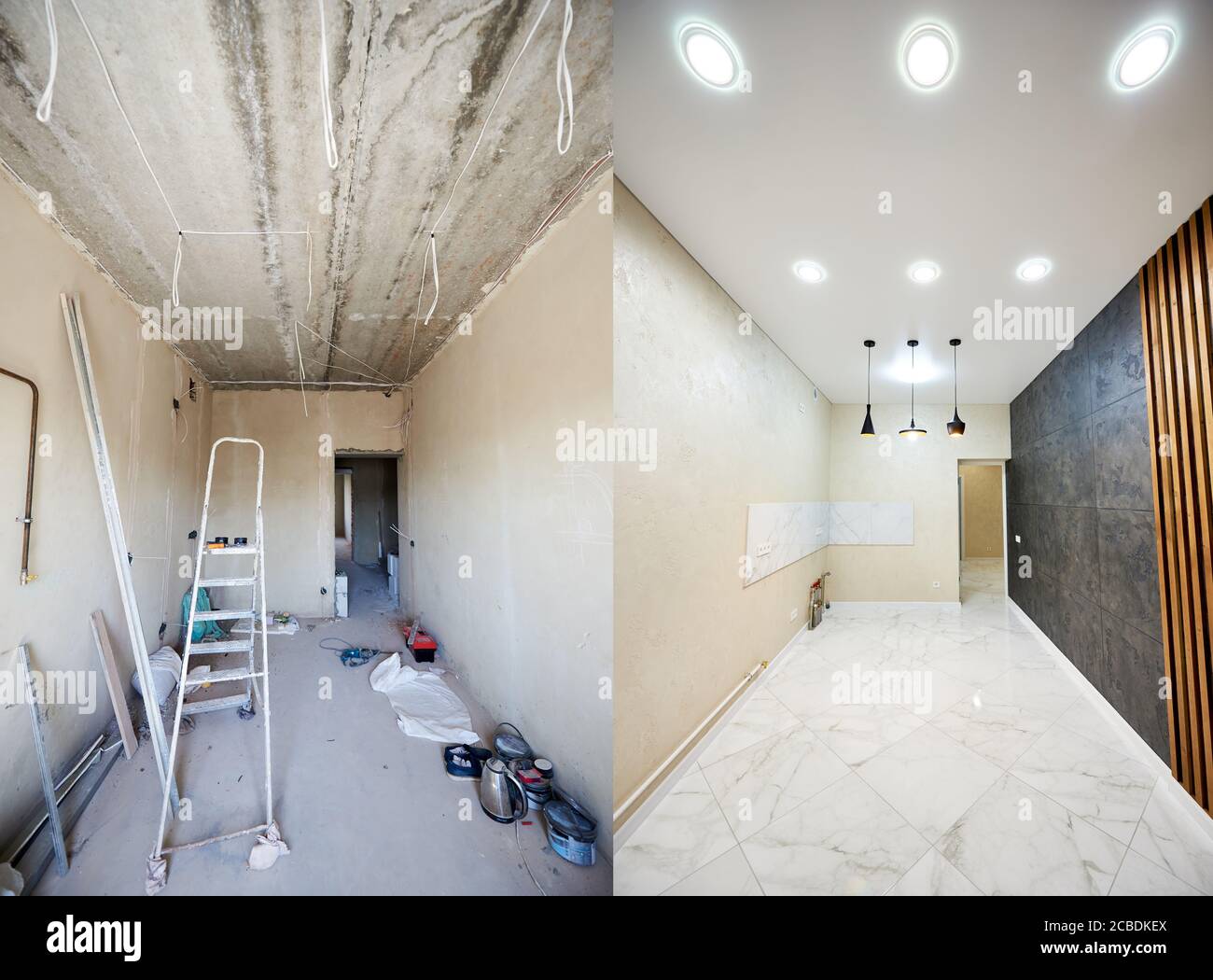 Comparison snapshot of a big beautiful room in a private house before and after reconstruction, messy room with empty grey walls vs new clean shiny interior Stock Photo