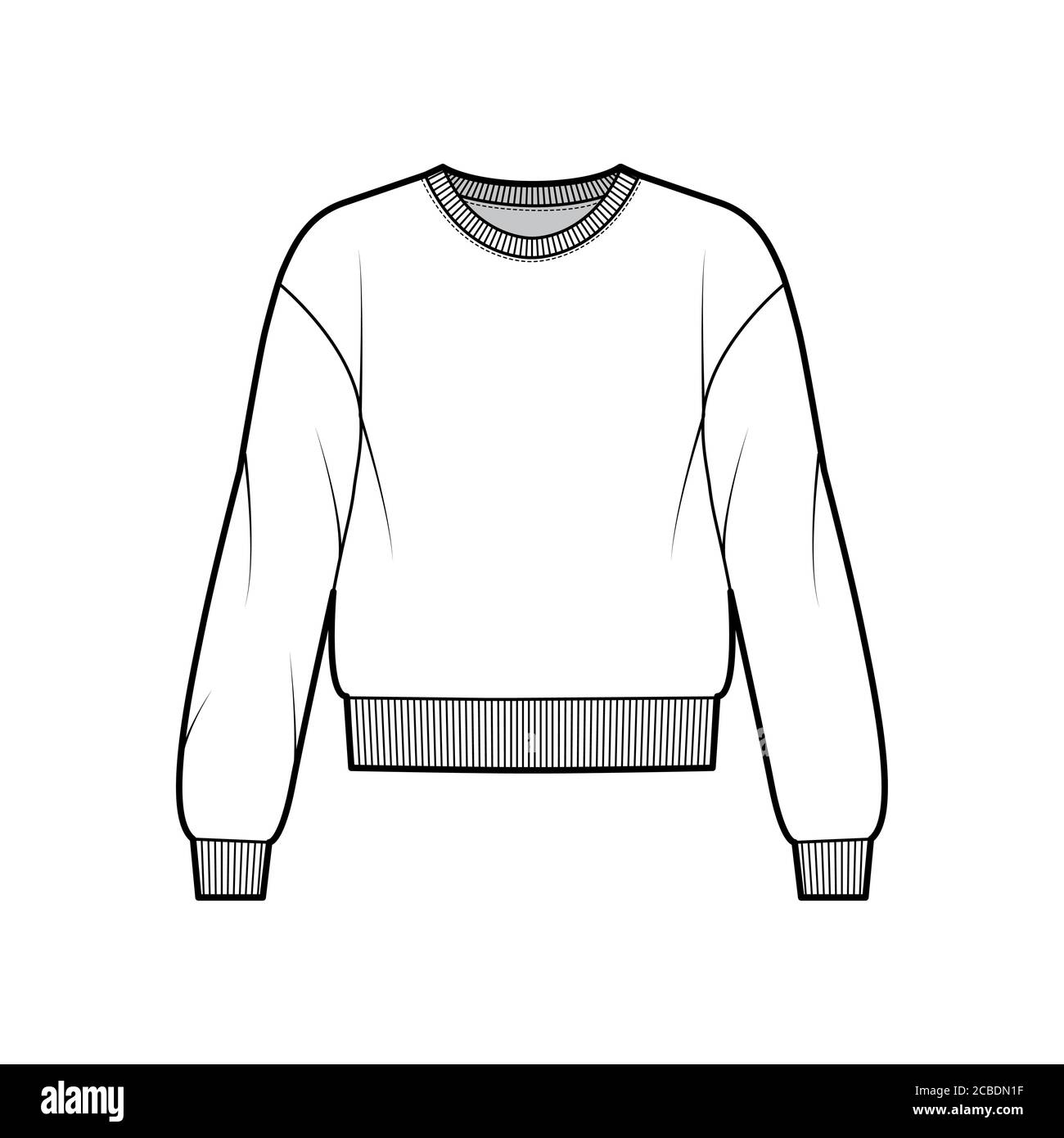 Cotton-terry sweatshirt technical fashion illustration with relaxed fit, crew neckline, long sleeves. Flat outwear jumper apparel template front, white color. Women, men, unisex top CAD mockup Stock Vector