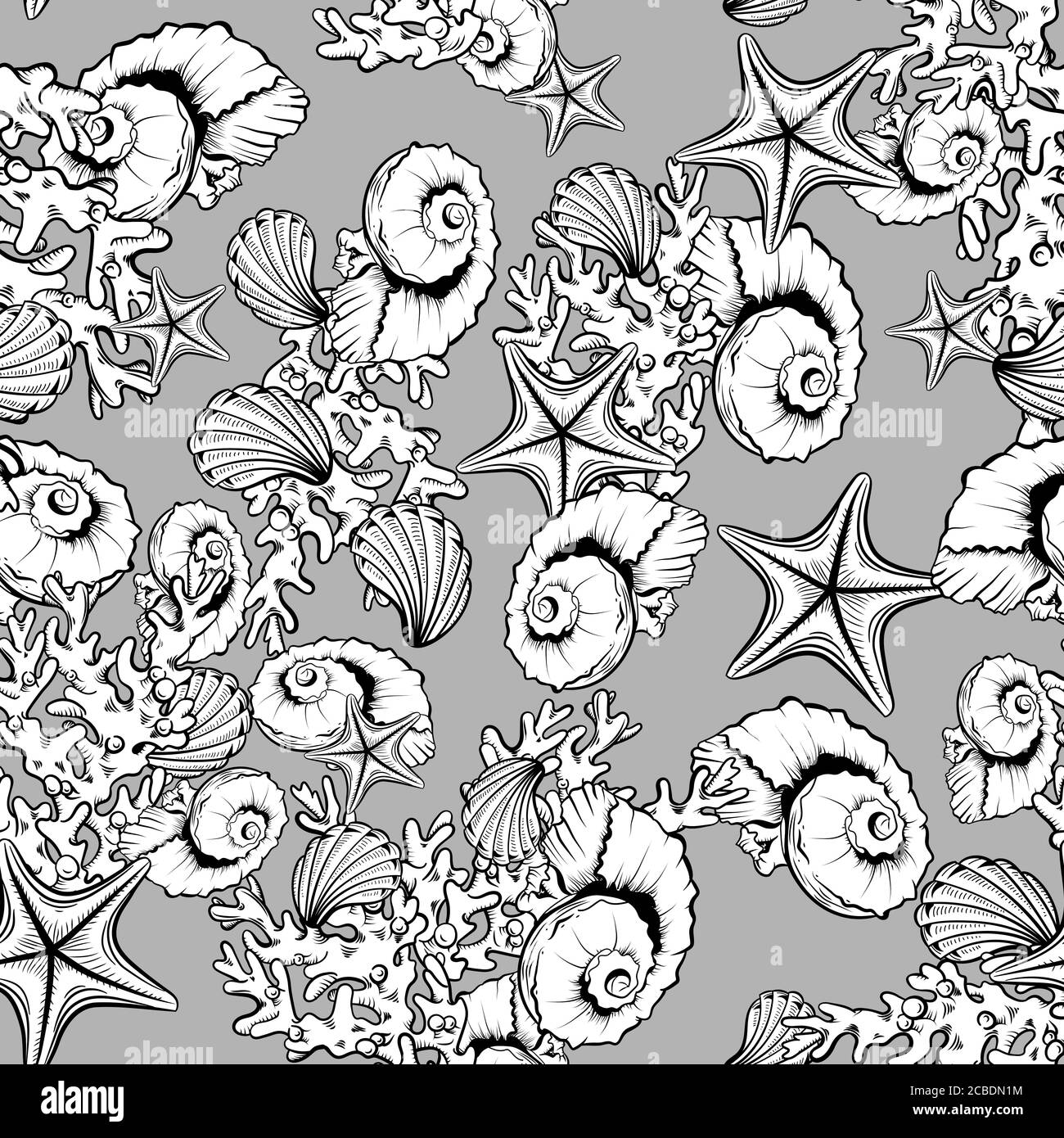 Ocean seashell, coral, starfish pattern background. Stock Vector