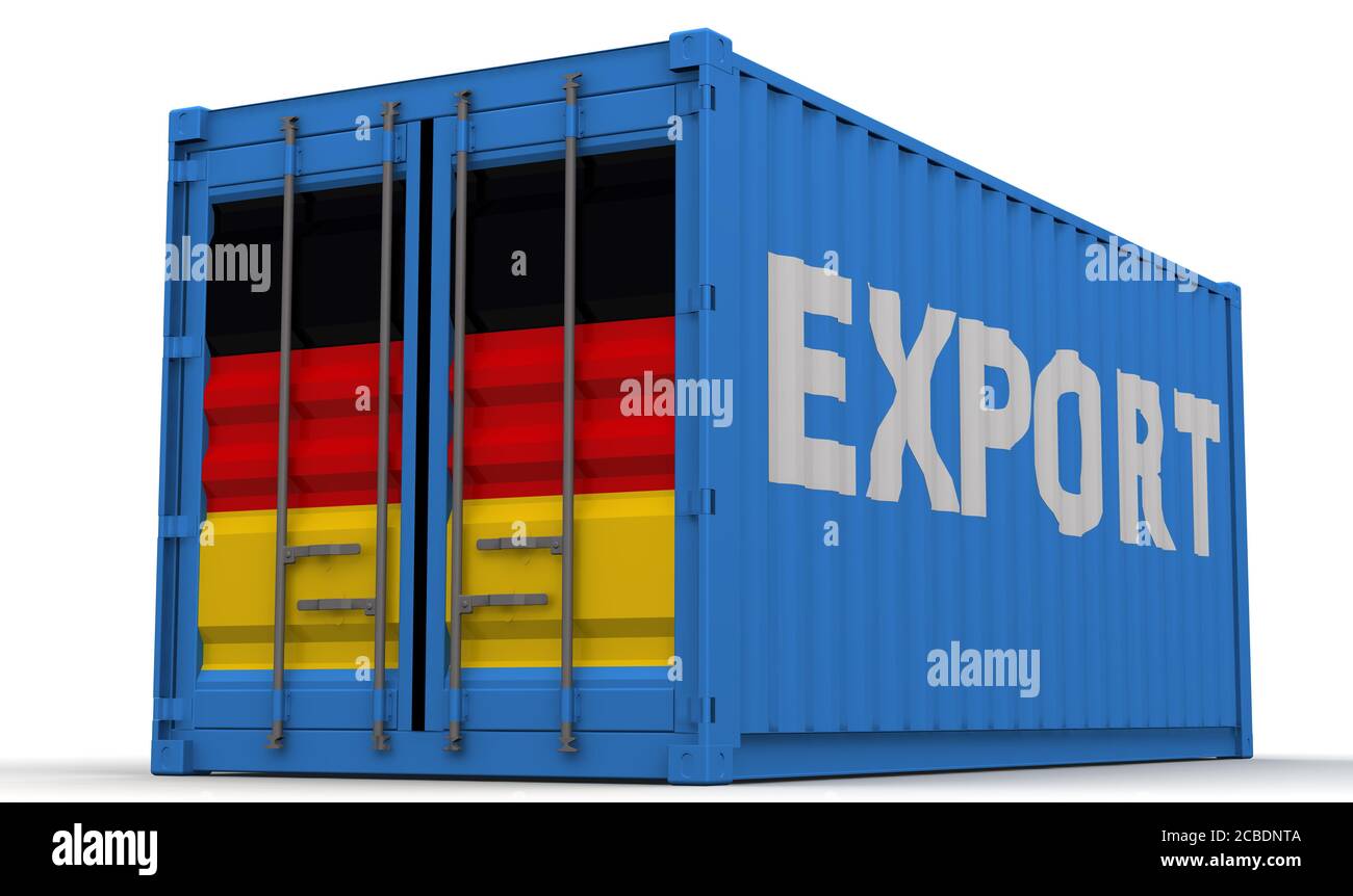 German export. Freight container on a white surface with word EXPORT ...