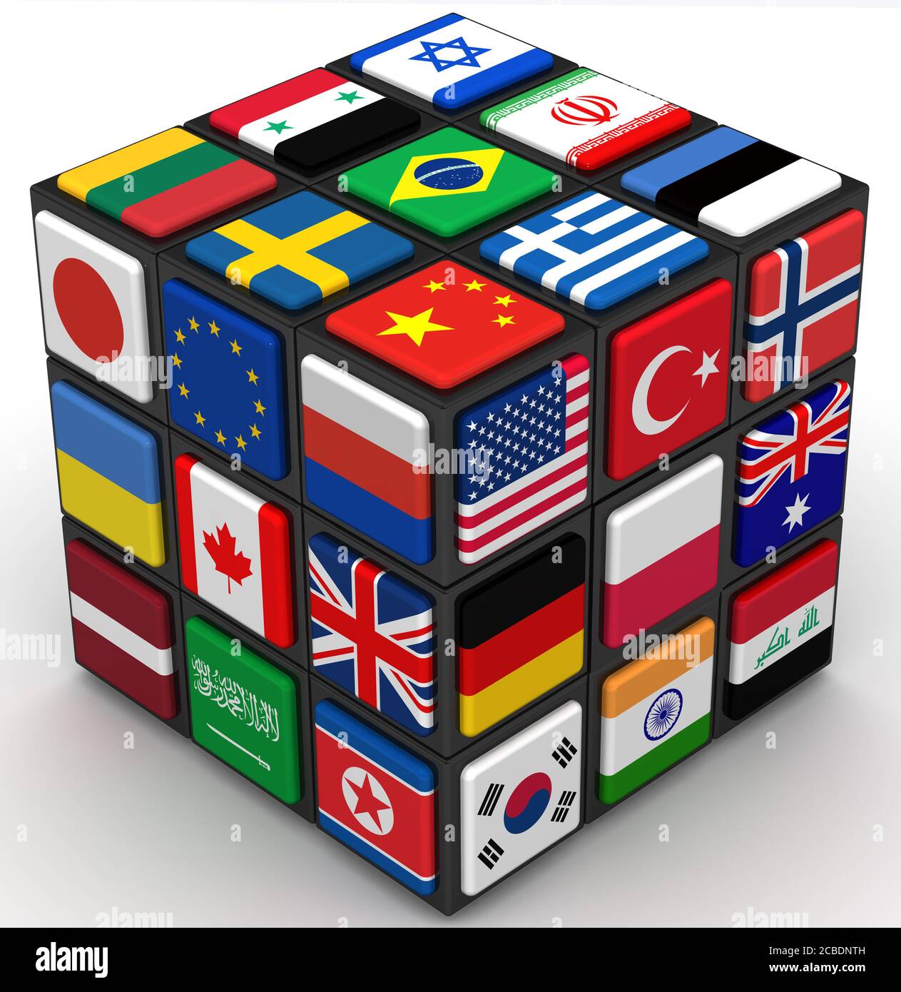 Flags of various countries on the faces of the cube. 3D illustration