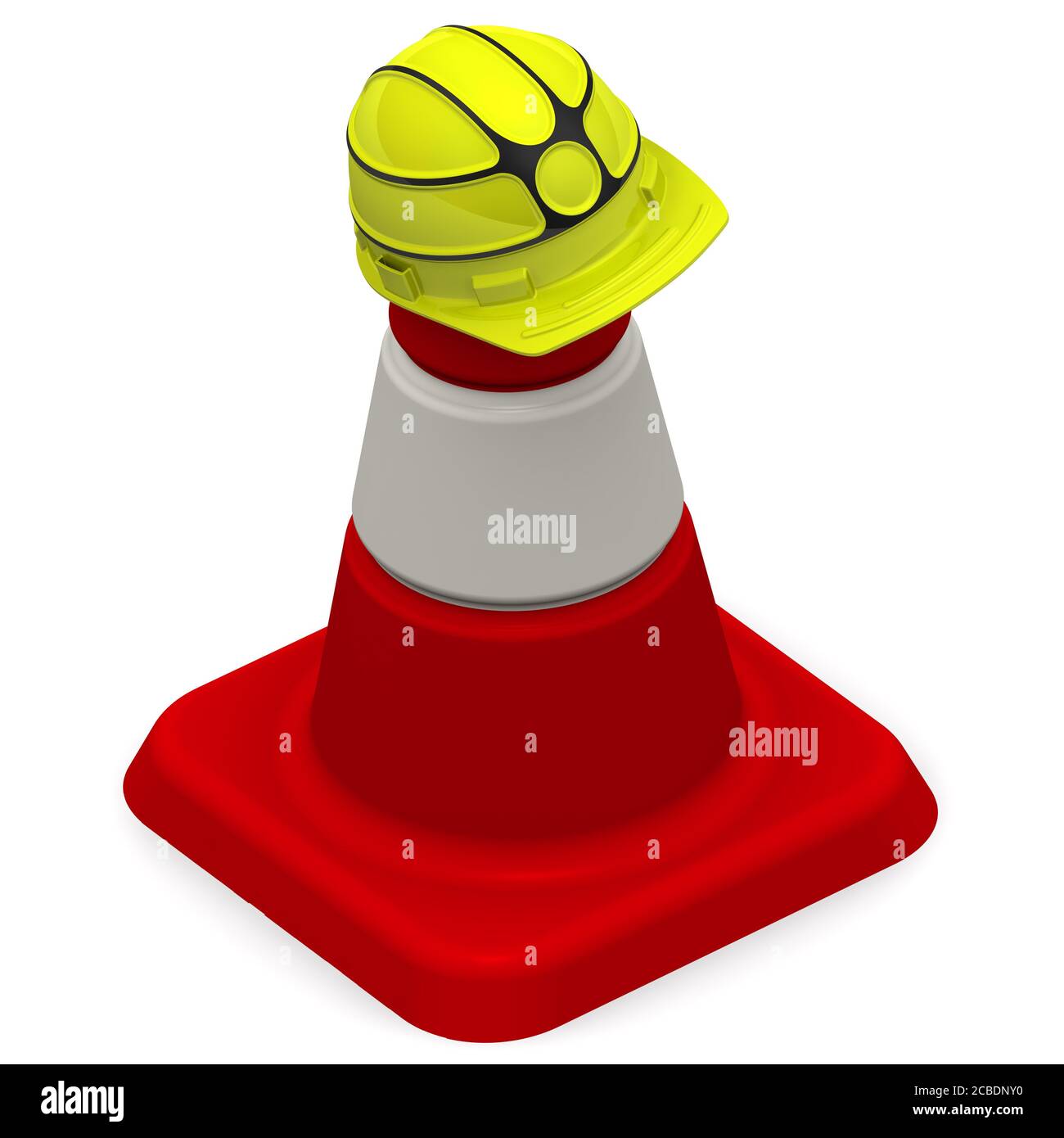 Yellow hard hat hanging on the protective cone. 3D illustration. Isolated Stock Photo