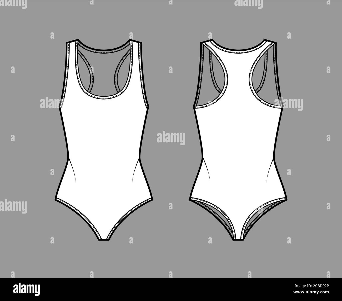 Cotton-jersey thong bodysuit technical fashion illustration with racer ...