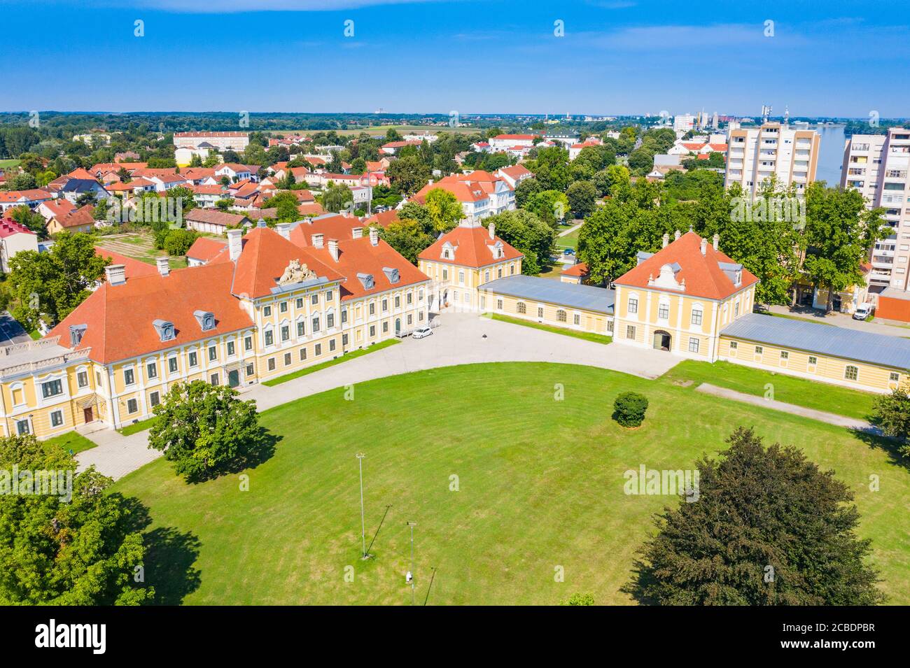 Croatia, aerial view of the old town of Vukovar, city museum in old castle in park, classic historic architecture and down town horizon Stock Photo