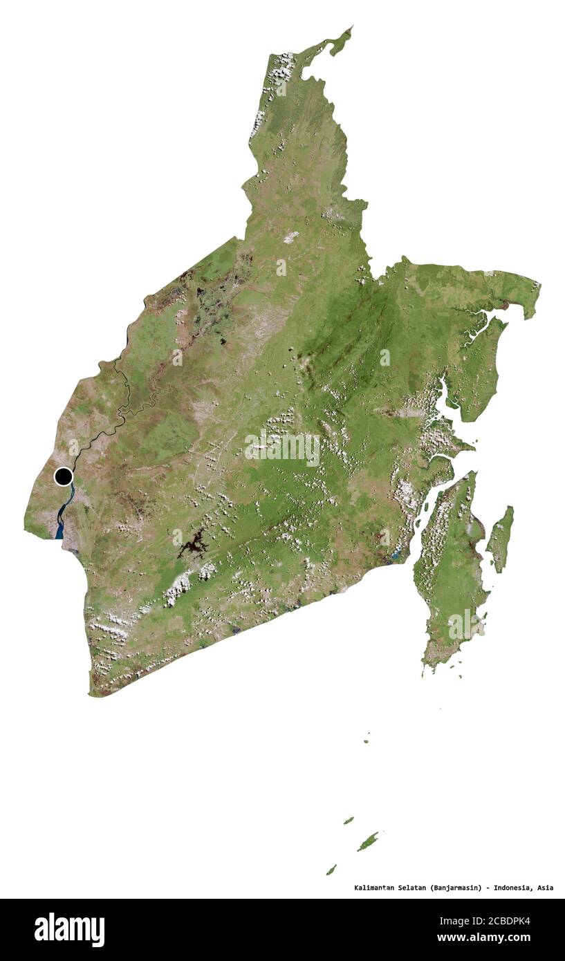 Shape of Kalimantan Selatan, province of Indonesia, with its capital isolated on white background. Satellite imagery. 3D rendering Stock Photo