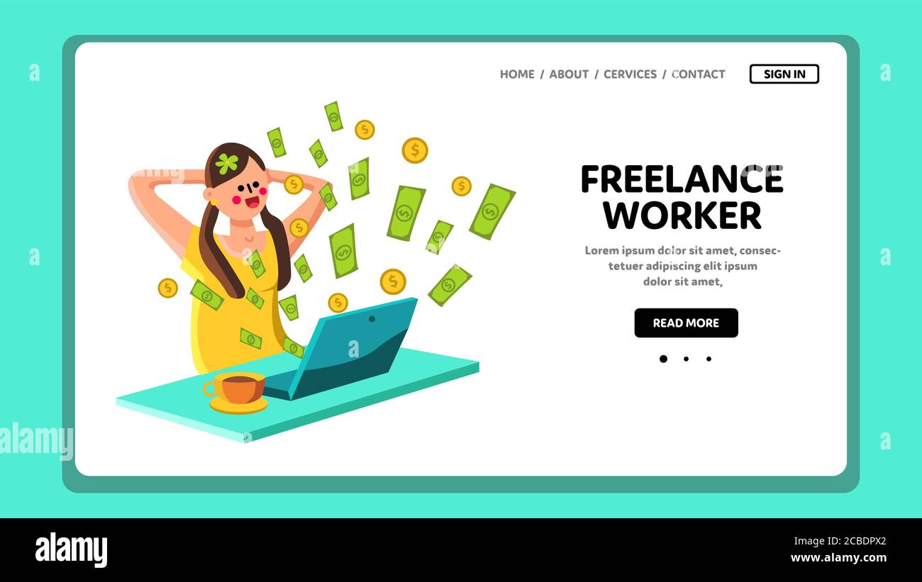 Freelance Worker Girl Working On Computer Vector Stock Vector Image ...