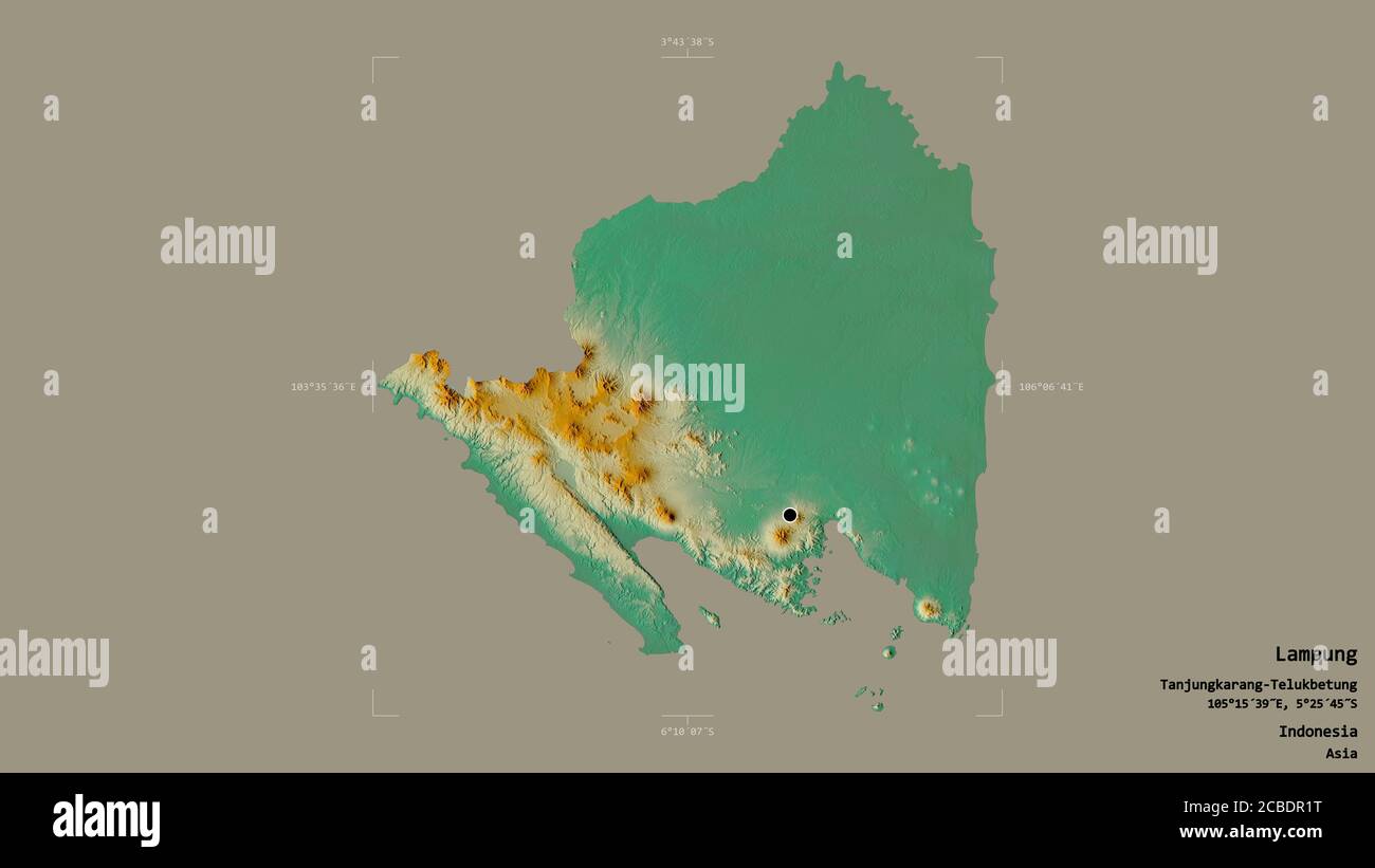 Area Of Lampung Province Of Indonesia Isolated On A Solid Background In A Georeferenced Bounding Box Labels Topographic Relief Map 3d Rendering Stock Photo Alamy