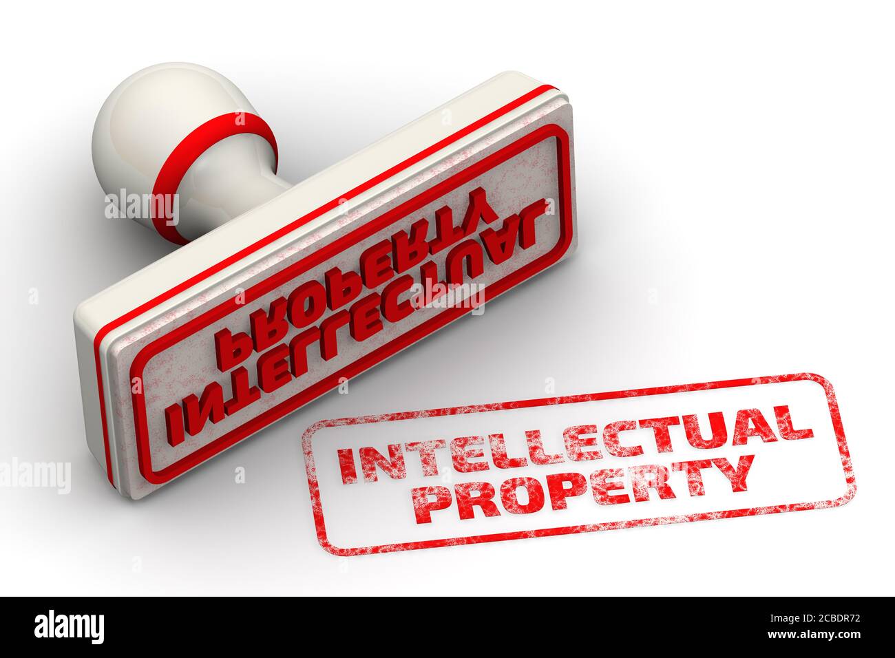 Intellectual property. The seal and imprint. White seal and red imprint INTELLECTUAL PROPERTY on white surface. 3D illustration Stock Photo