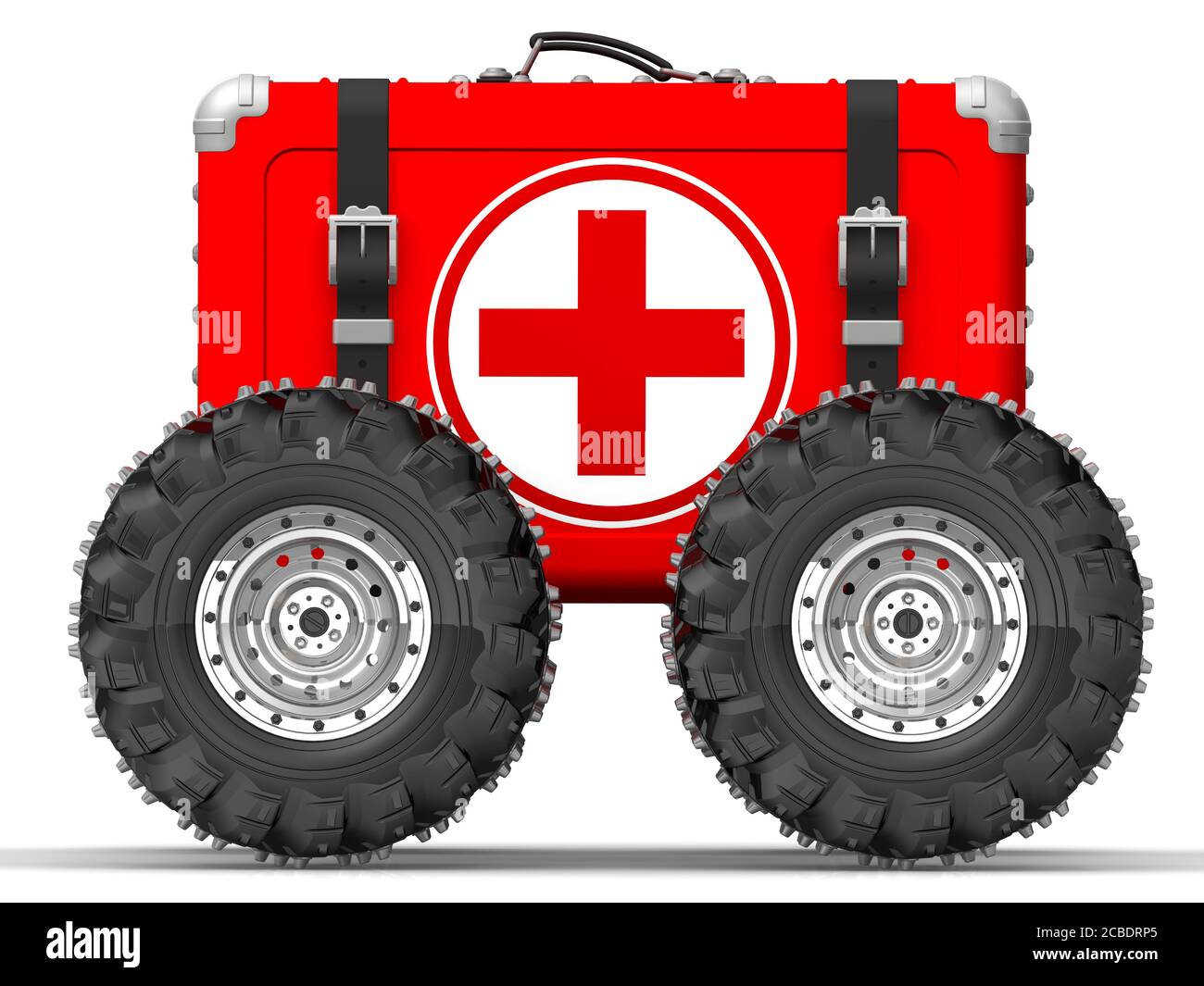 First aid kit on wheels. Red firstaid kit with wheels hurries to help