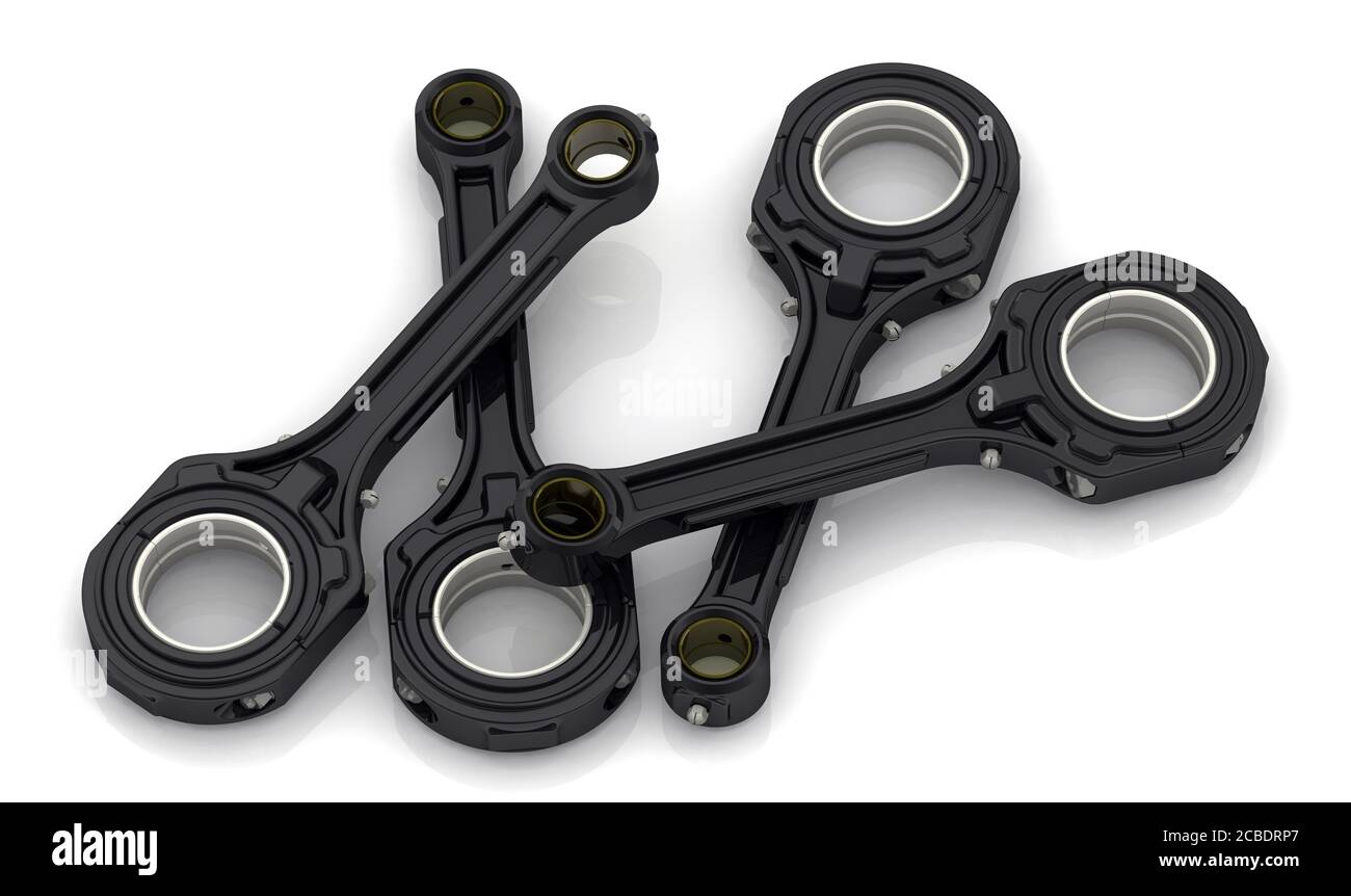 The connecting rods of an internal combustion engine on a white surface