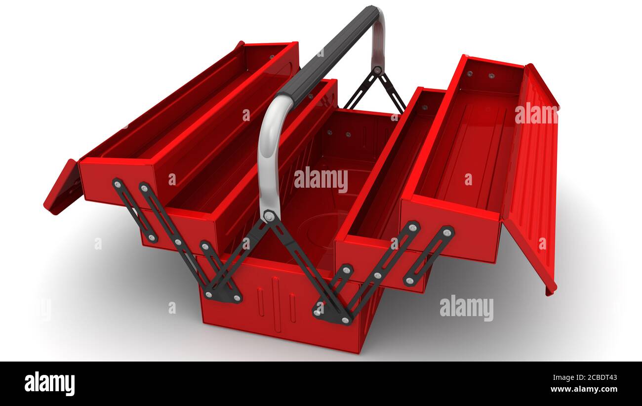 One tool box. The open empty red tool box on a white surface. 3D  illustration Stock Photo - Alamy