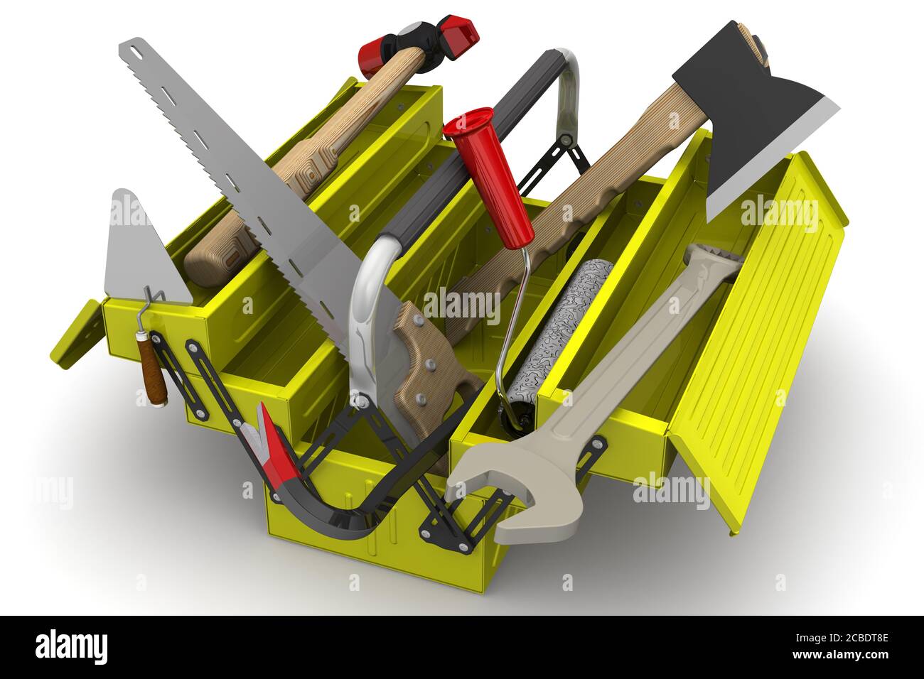 Tool box with tools. Yellow tool box with tools on a white surface. 3D ...
