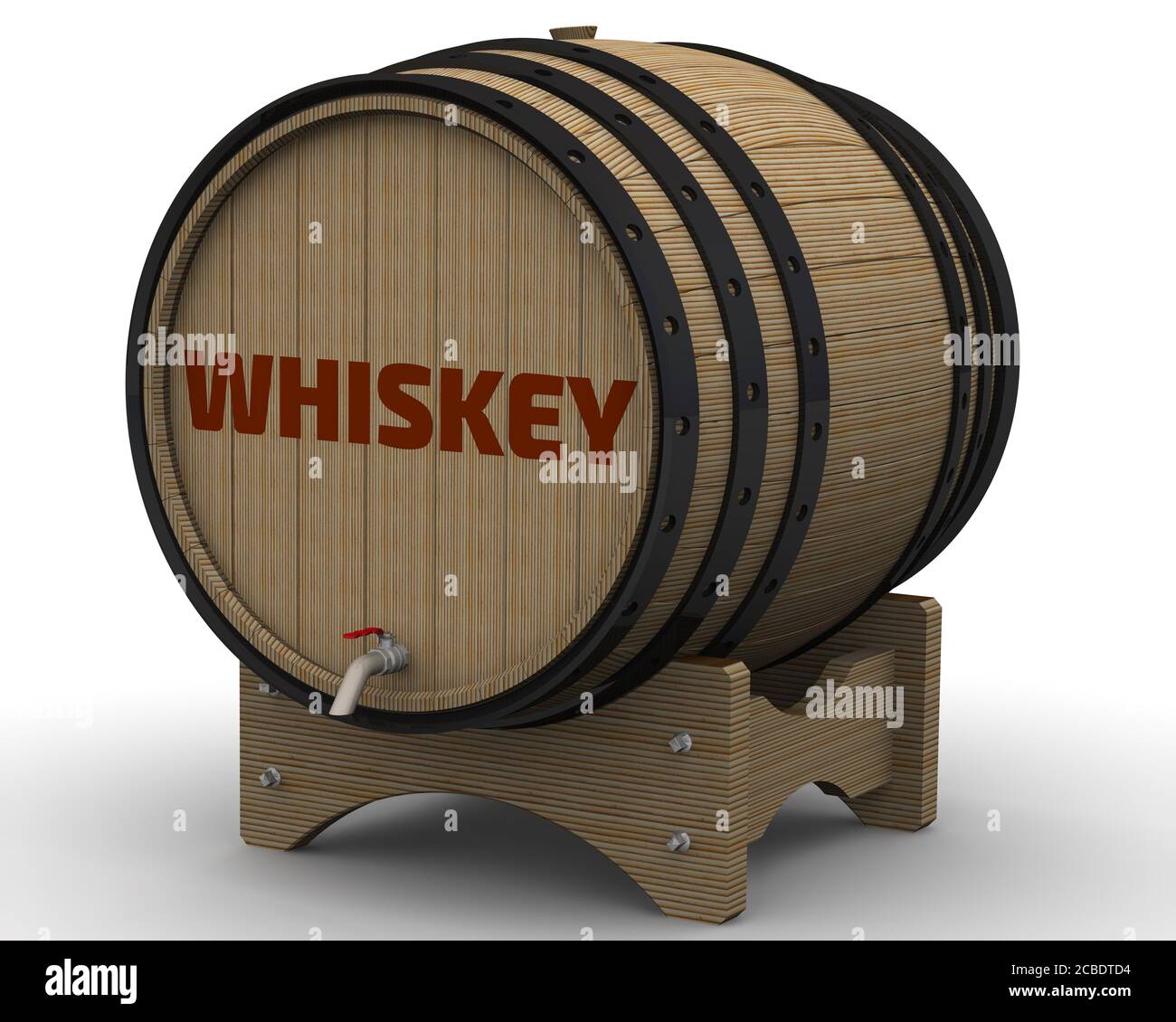 Whiskey. The inscription on the wooden barrel. Wooden barrel on a stand