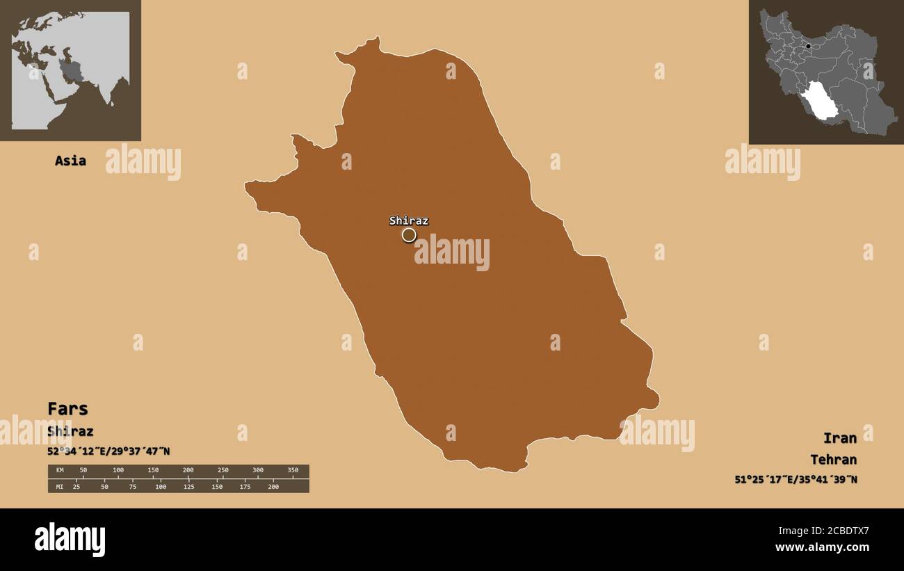 Shape of Fars, province of Iran, and its capital. Distance scale ...