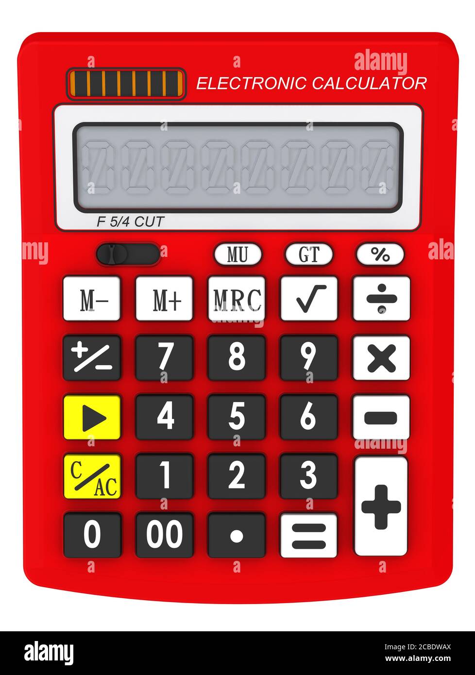 Red electronic calculator on white surface. 3D illustration Stock Photo