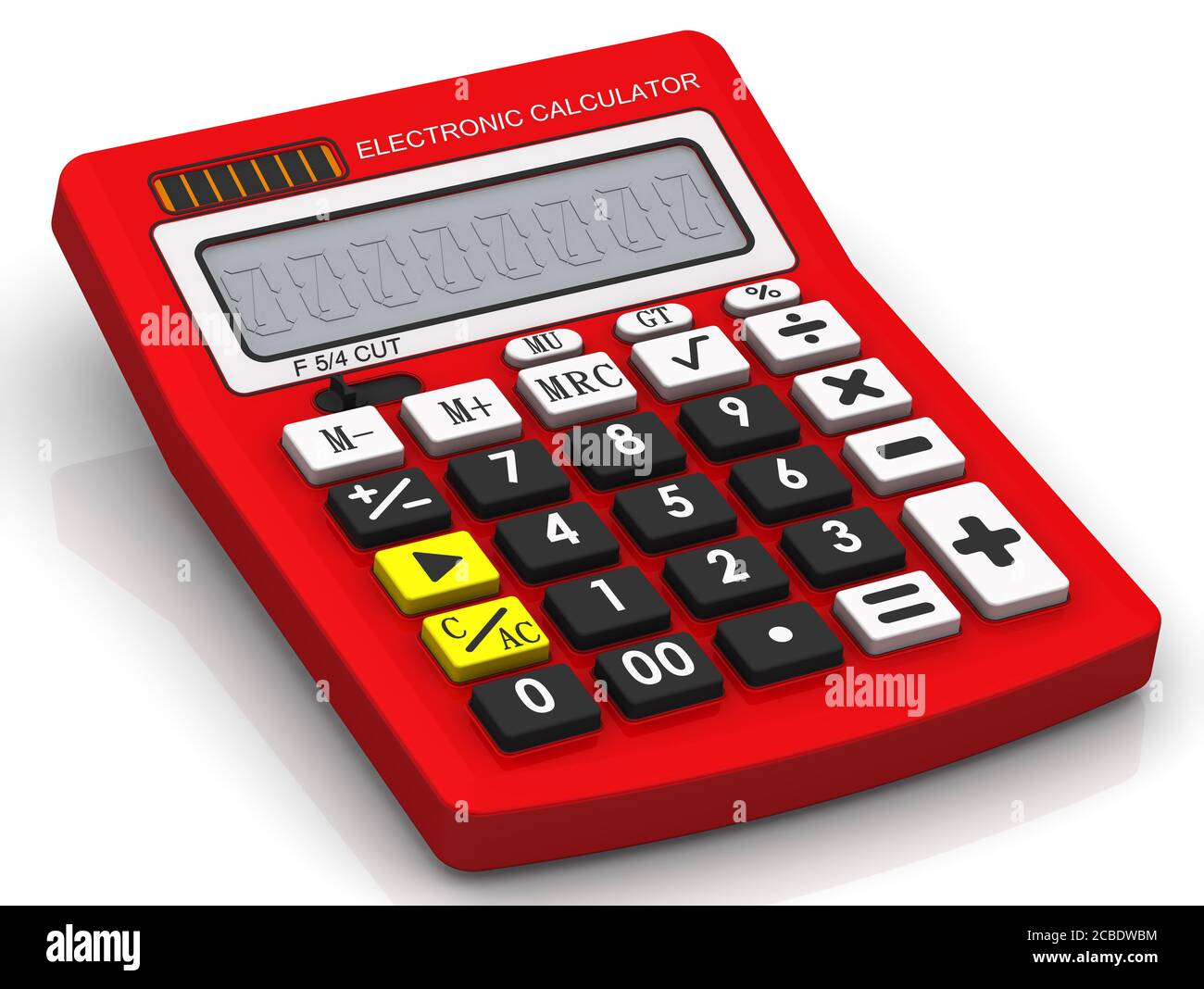 Red electronic calculator on white surface. 3D illustration Stock Photo