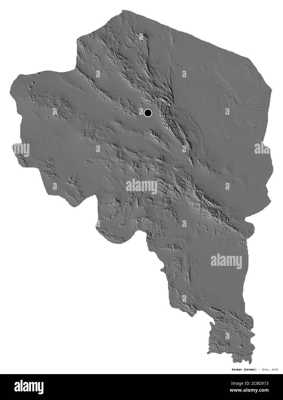 Shape of Kerman, province of Iran, with its capital isolated on white