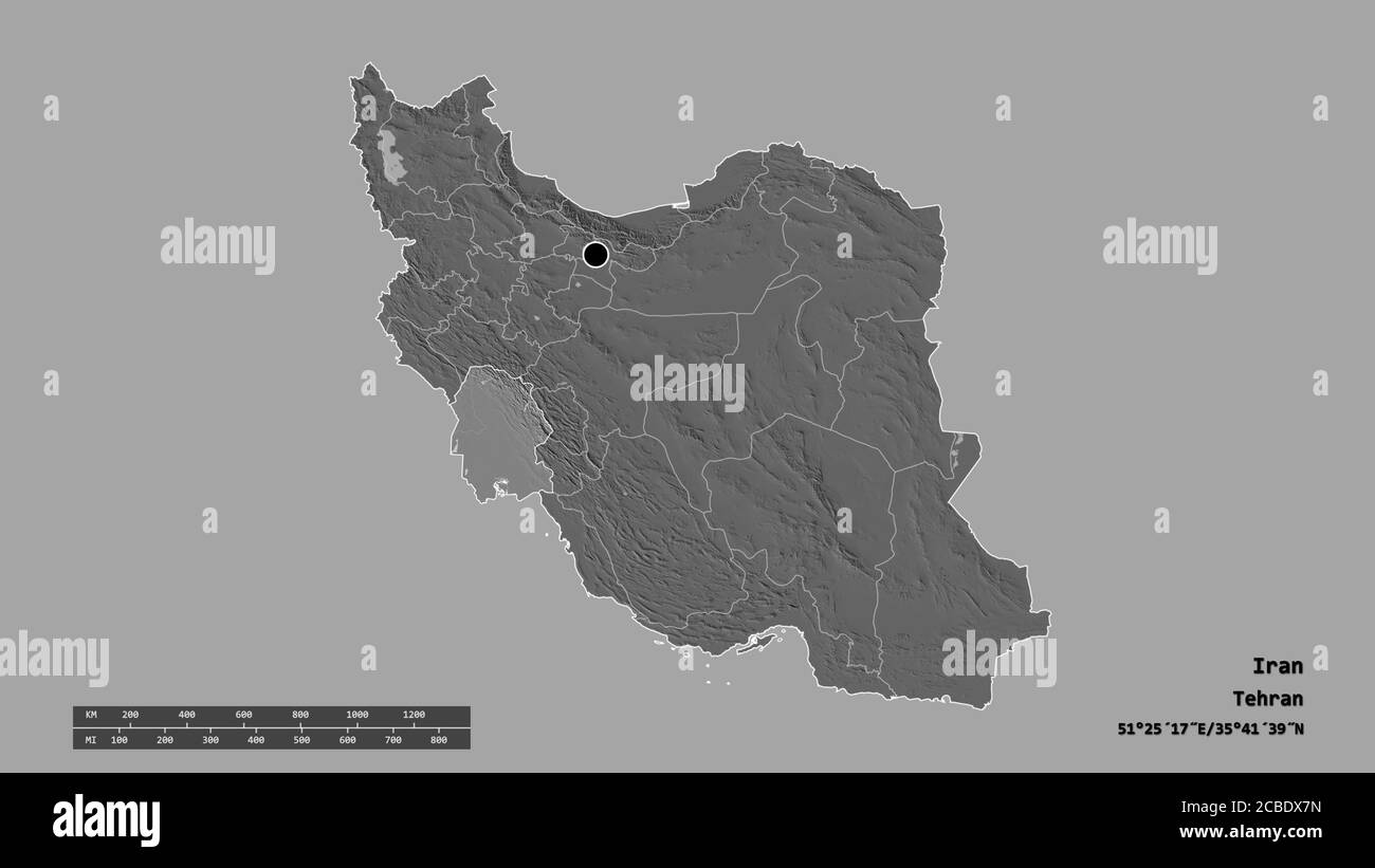 Desaturated shape of Iran with its capital, main regional division and the separated Khuzestan area. Labels. Bilevel elevation map. 3D rendering Stock Photo