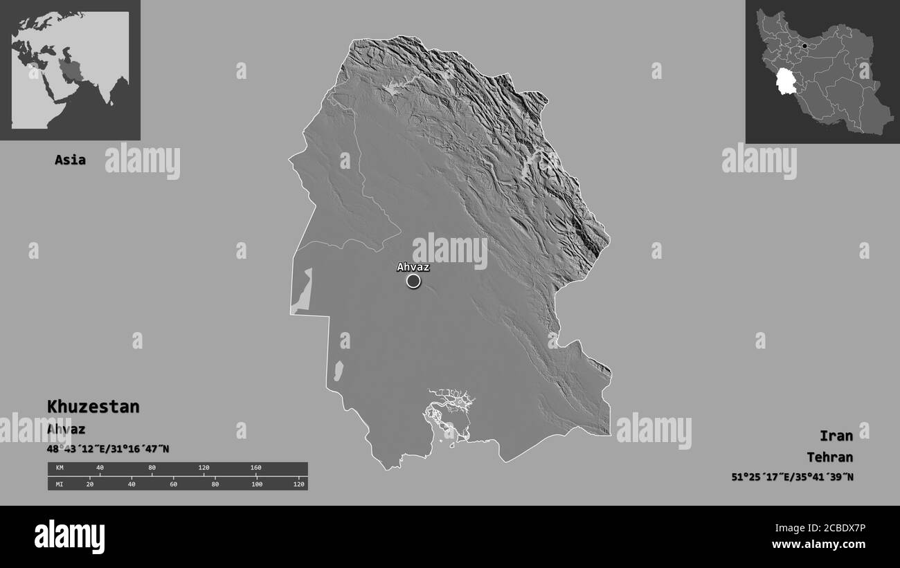 Shape of Khuzestan, province of Iran, and its capital. Distance scale, previews and labels. Bilevel elevation map. 3D rendering Stock Photo