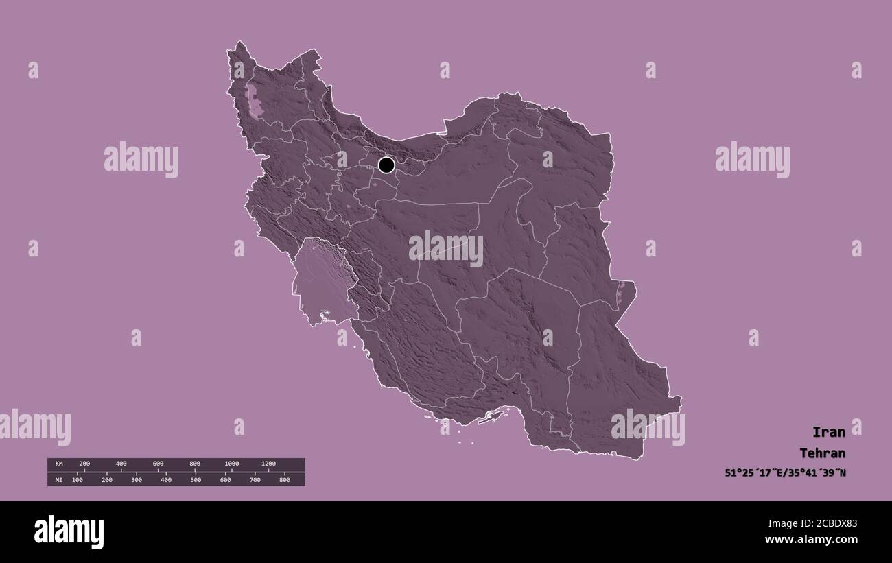Desaturated shape of Iran with its capital, main regional division and the separated Khuzestan area. Labels. Colored elevation map. 3D rendering Stock Photo