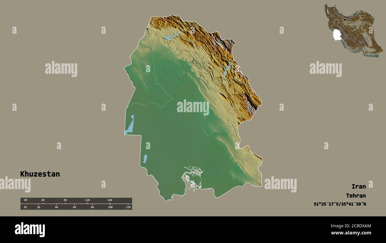 Shape of Khuzestan, province of Iran, with its capital isolated on solid background. Distance scale, region preview and labels. Topographic relief map Stock Photo