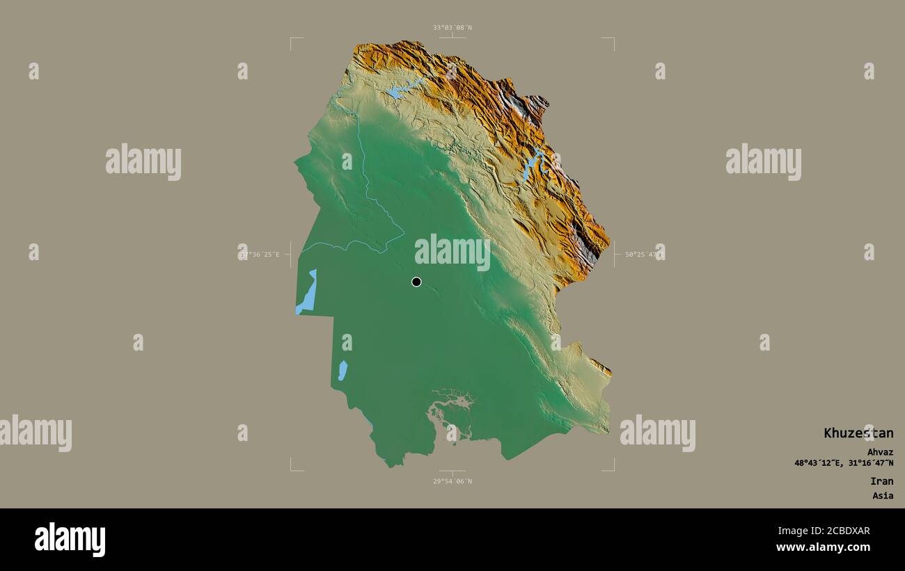 Area of Khuzestan, province of Iran, isolated on a solid background in a georeferenced bounding box. Labels. Topographic relief map. 3D rendering Stock Photo