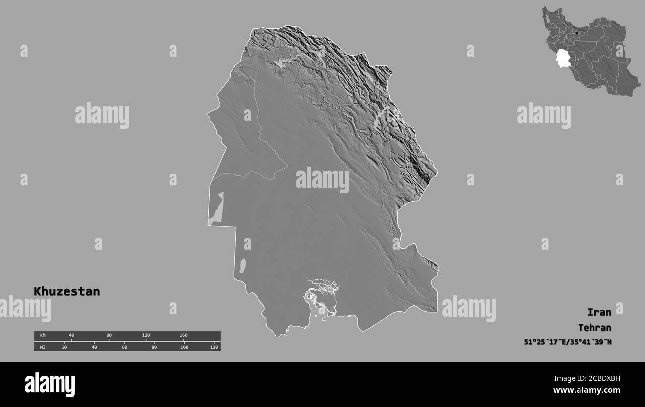 Shape of Khuzestan, province of Iran, with its capital isolated on solid background. Distance scale, region preview and labels. Bilevel elevation map. Stock Photo