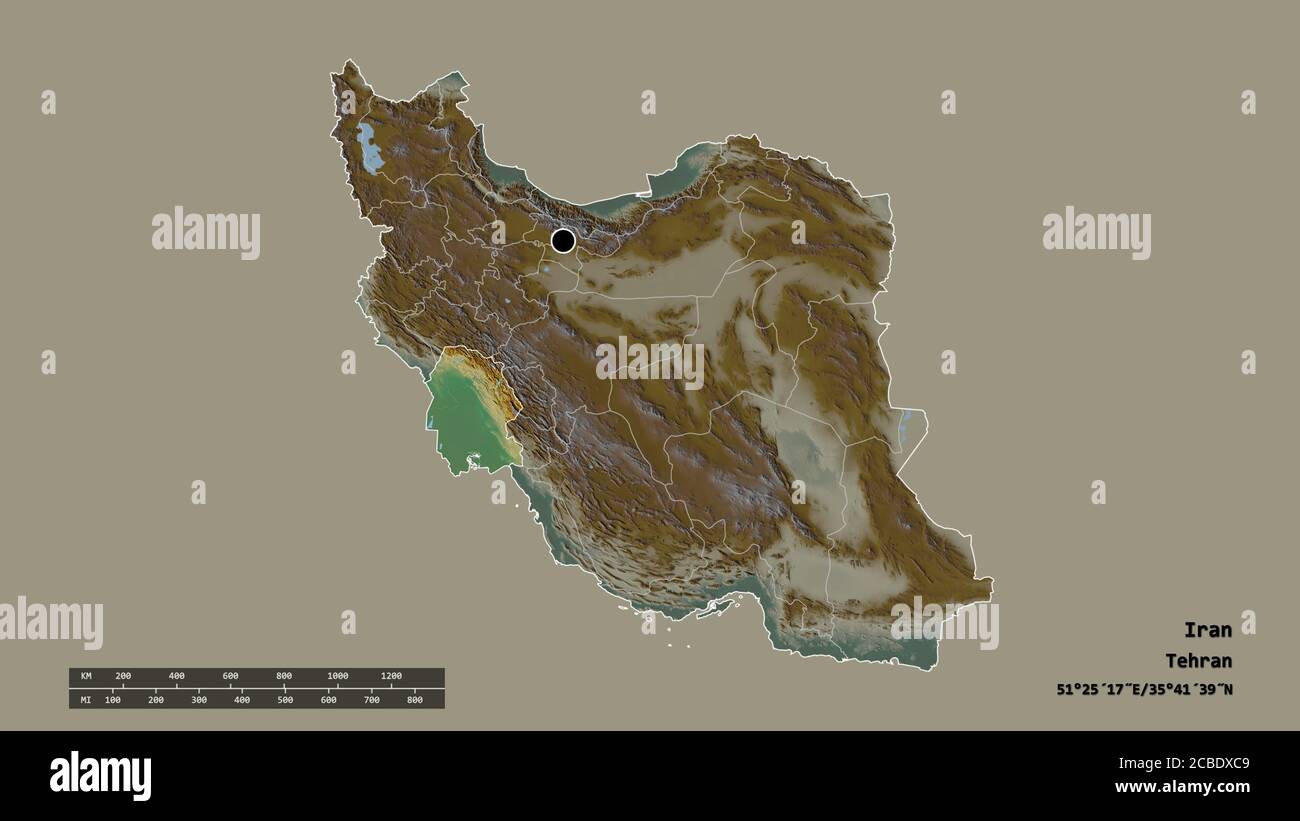 Desaturated shape of Iran with its capital, main regional division and the separated Khuzestan area. Labels. Topographic relief map. 3D rendering Stock Photo