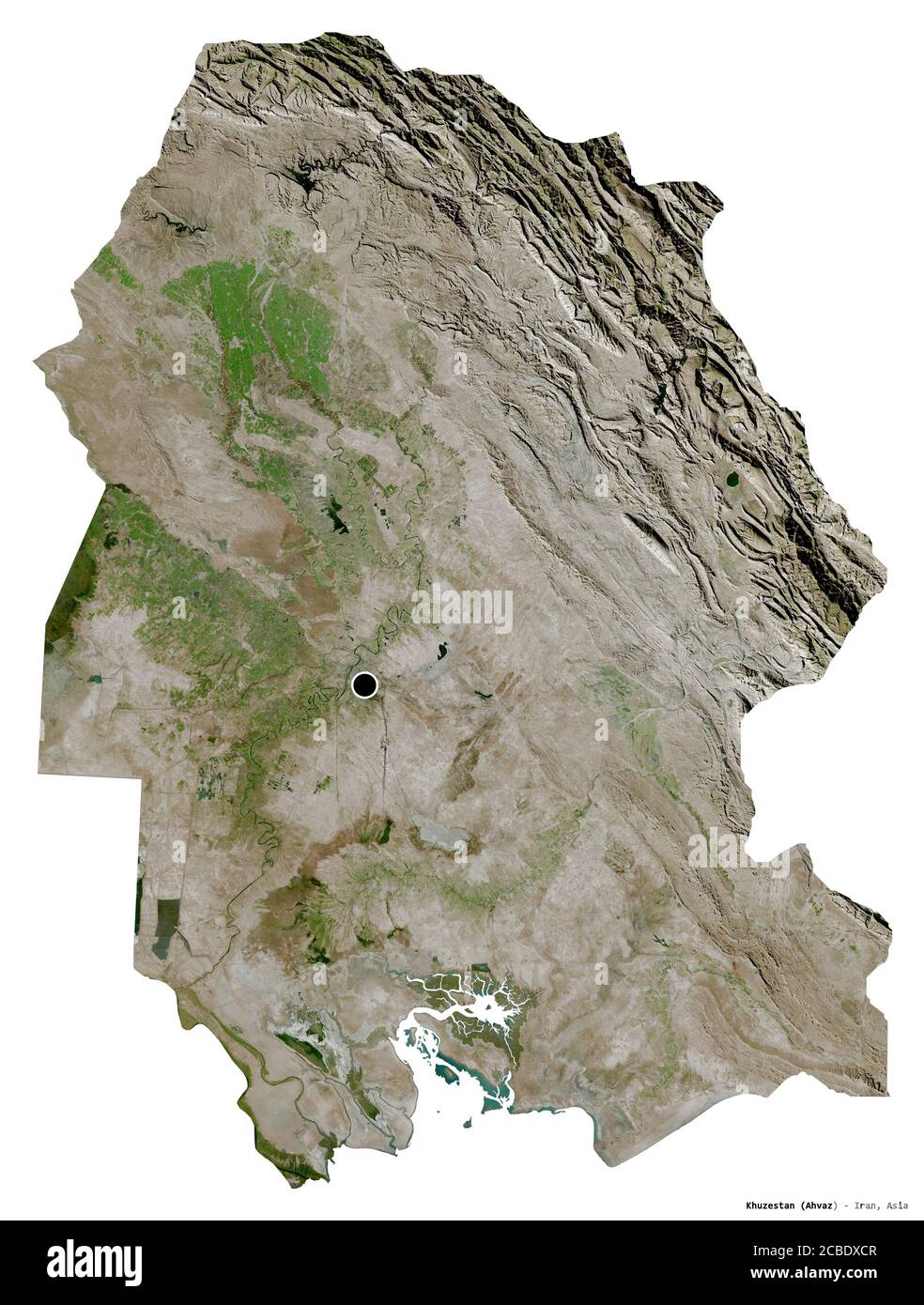 Shape of Khuzestan, province of Iran, with its capital isolated on white background. Satellite imagery. 3D rendering Stock Photo
