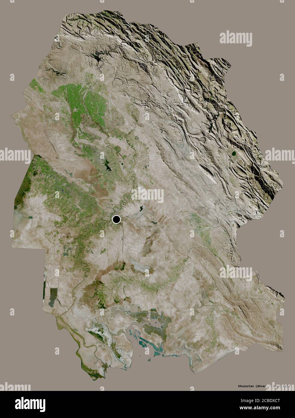 Shape of Khuzestan, province of Iran, with its capital isolated on a solid color background. Satellite imagery. 3D rendering Stock Photo