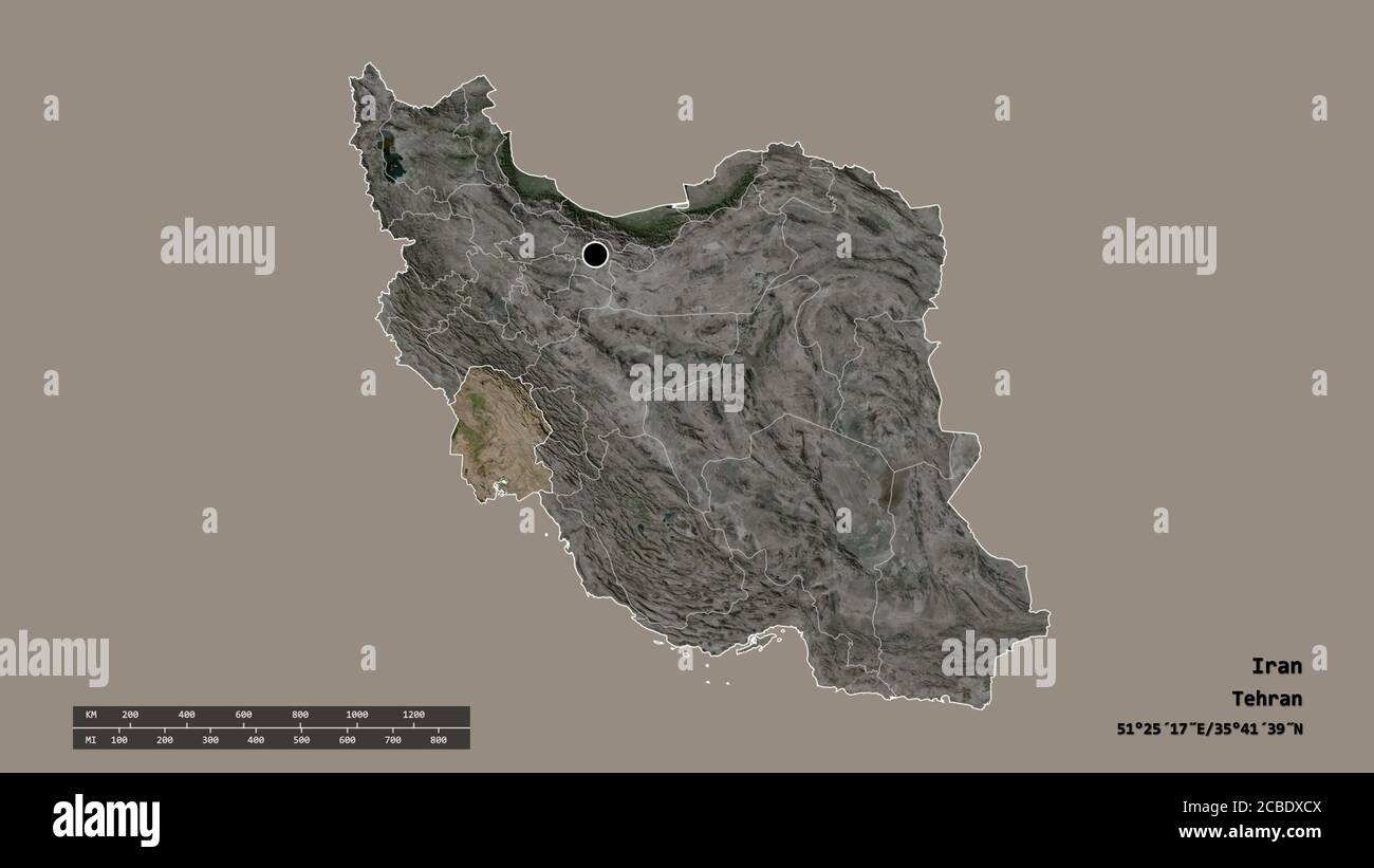 Desaturated shape of Iran with its capital, main regional division and the separated Khuzestan area. Labels. Satellite imagery. 3D rendering Stock Photo