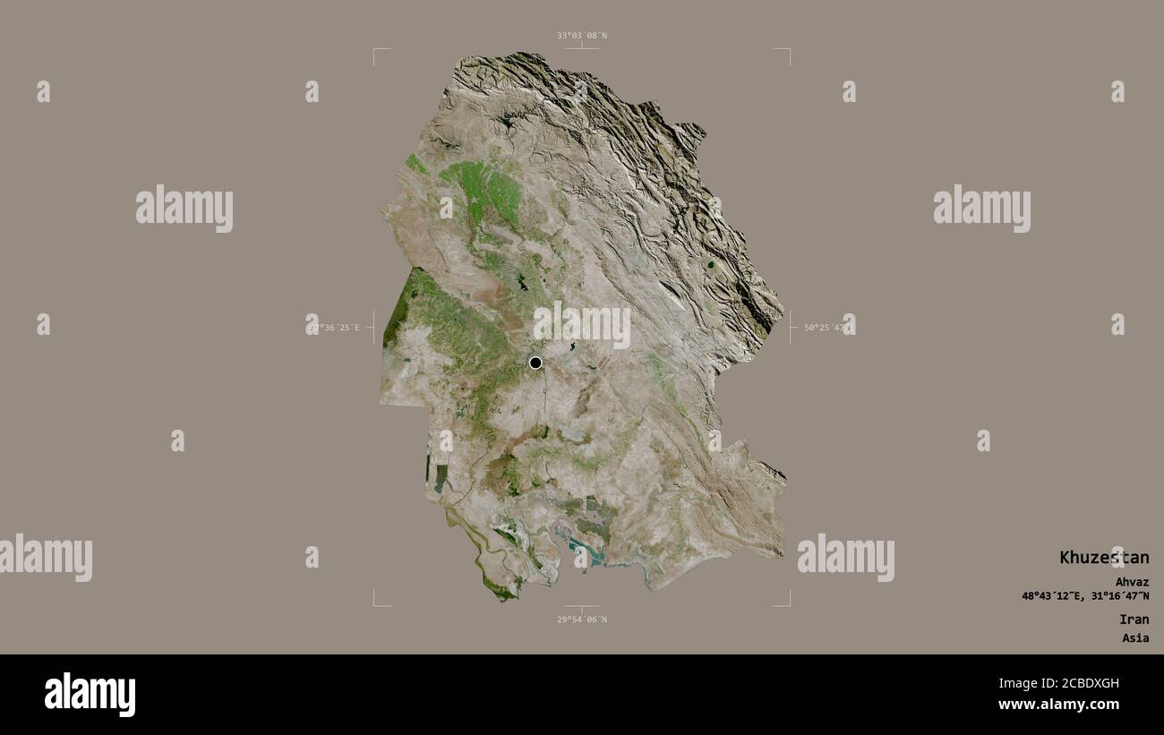Area of Khuzestan, province of Iran, isolated on a solid background in a georeferenced bounding box. Labels. Satellite imagery. 3D rendering Stock Photo