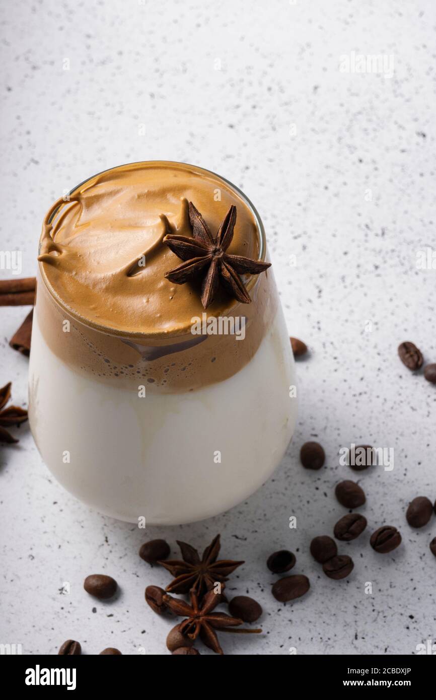 selective focus, Korean drink, dalgona coffee. with cold milk, sweet strong foam with sugar Stock Photo