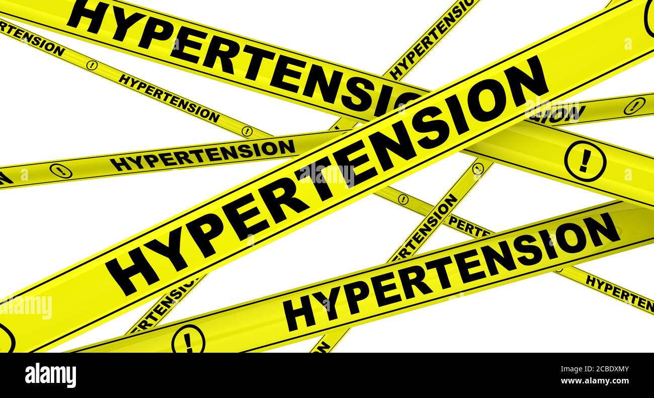 Hypertension. Yellow warning tapes with black words HYPERTENSION (elevated blood pressure). Isolated. 3D illustration Stock Photo