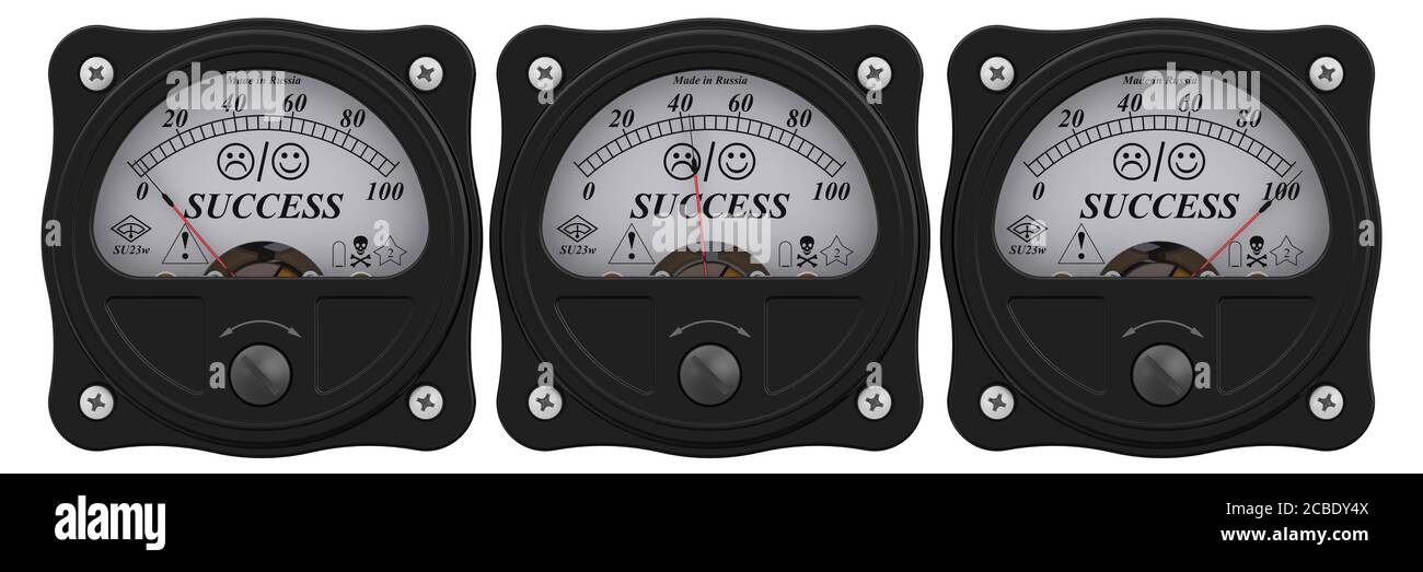 Success indicator. Set of analog indicators showing the levels of SUCCESS in percentage. 3D illustration Stock Photo