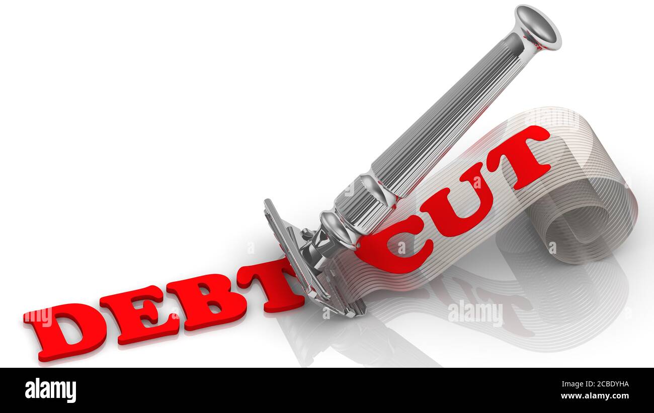 Debt cut. Fiancial concept. Razor cuts the word DEBT. On shavings word
