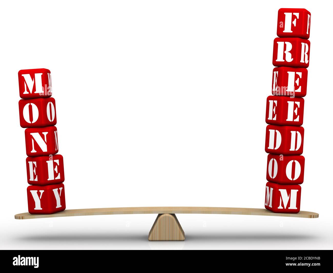 The words FREEDOM and MONEY (made from red cubes labeled letters) are  weighed in the balance. The scales in the equilibrium position Stock Photo  - Alamy