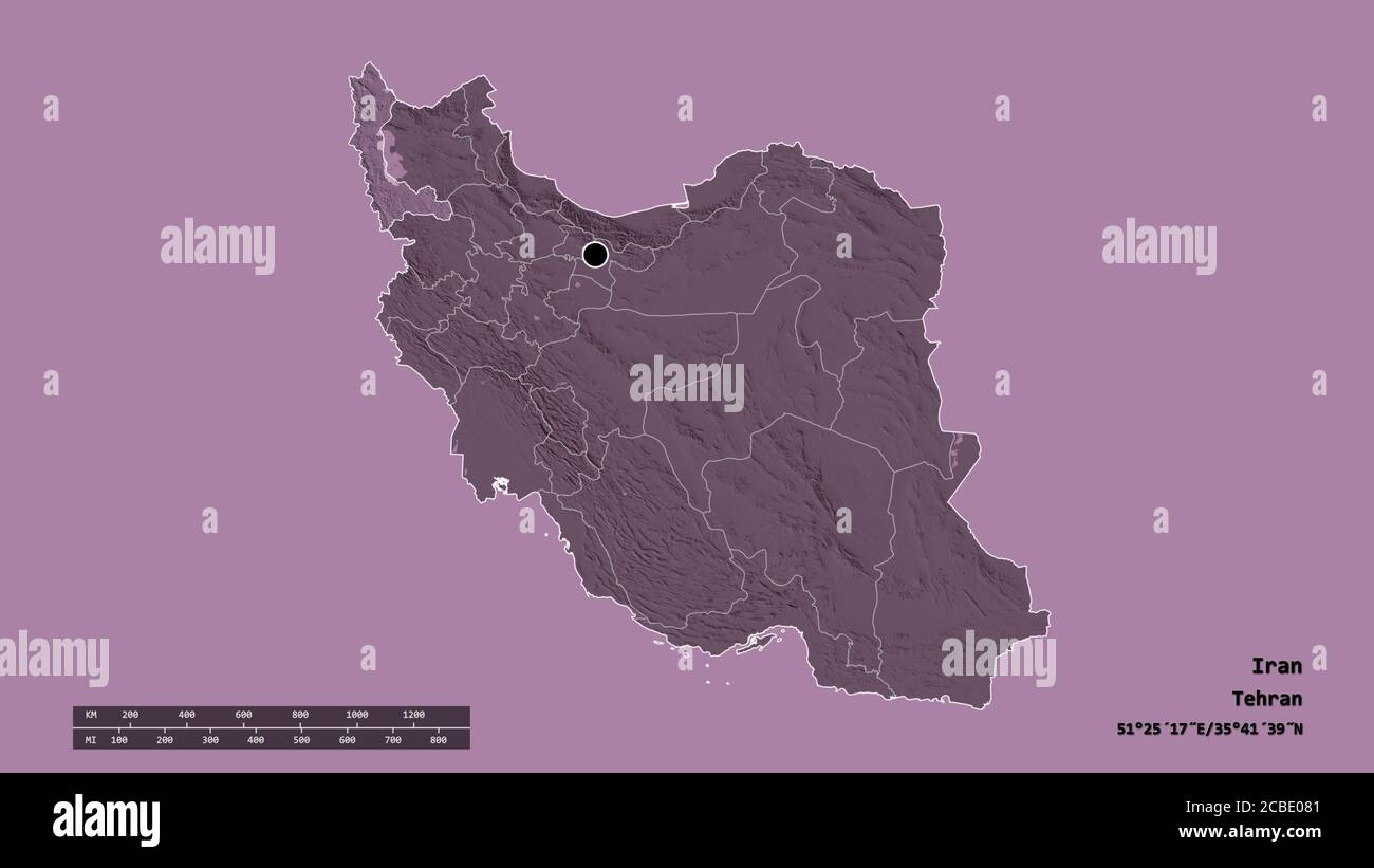 Desaturated shape of Iran with its capital, main regional division and the separated West Azarbaijan area. Labels. Colored elevation map. 3D rendering Stock Photo