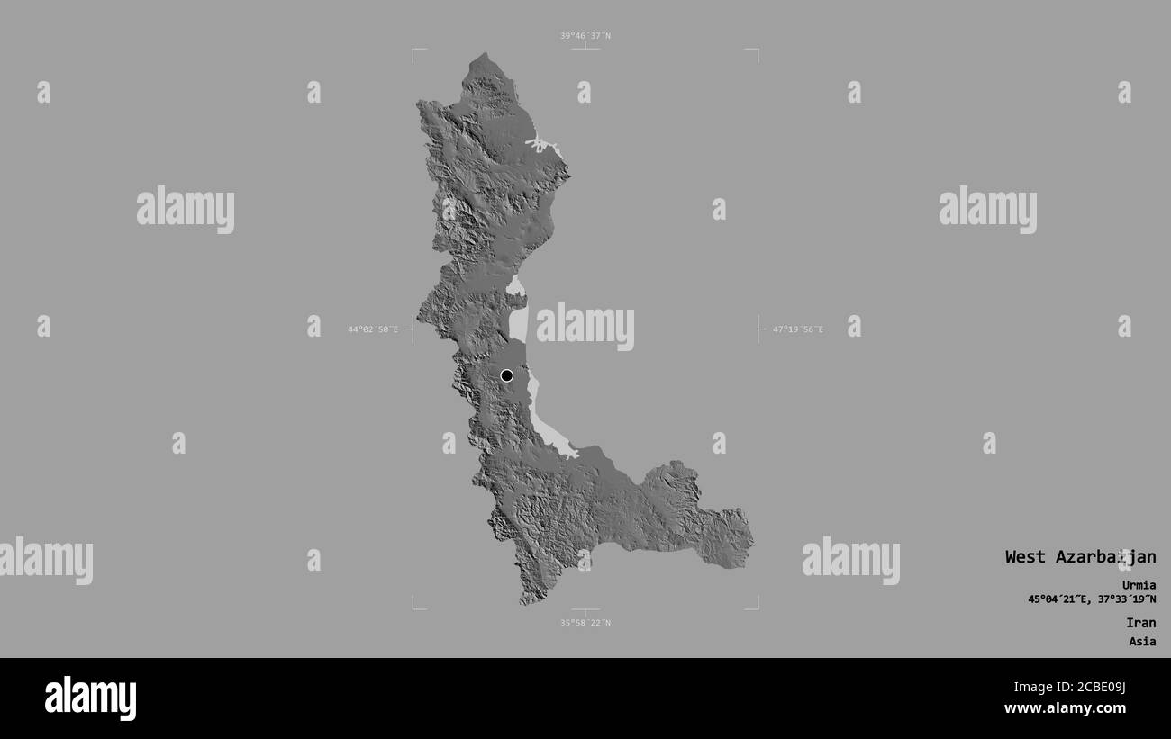 Area of West Azarbaijan, province of Iran, isolated on a solid background in a georeferenced bounding box. Labels. Bilevel elevation map. 3D rendering Stock Photo