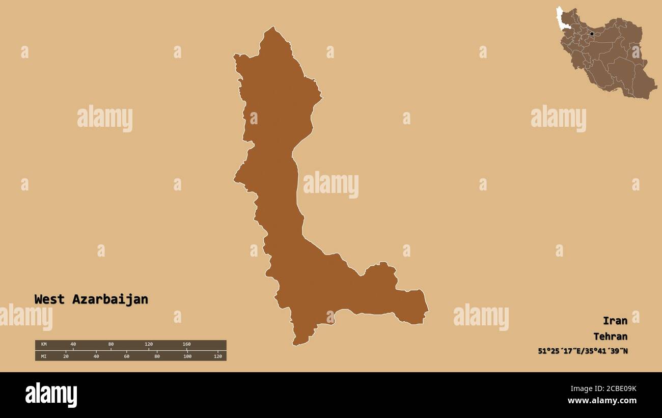 Shape of West Azarbaijan, province of Iran, with its capital isolated on solid background. Distance scale, region preview and labels. Composition of p Stock Photo