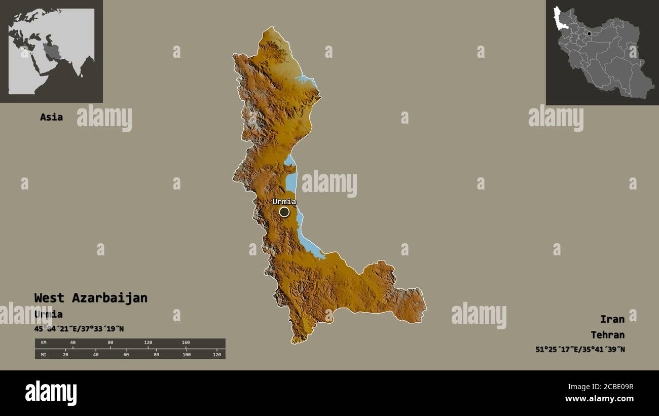 Shape of West Azarbaijan, province of Iran, and its capital. Distance scale, previews and labels. Topographic relief map. 3D rendering Stock Photo