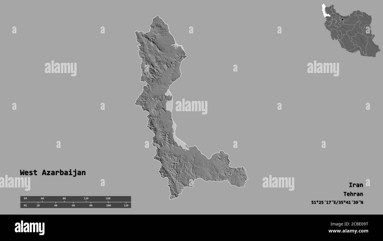 Shape of West Azarbaijan, province of Iran, with its capital isolated on solid background. Distance scale, region preview and labels. Bilevel elevatio Stock Photo