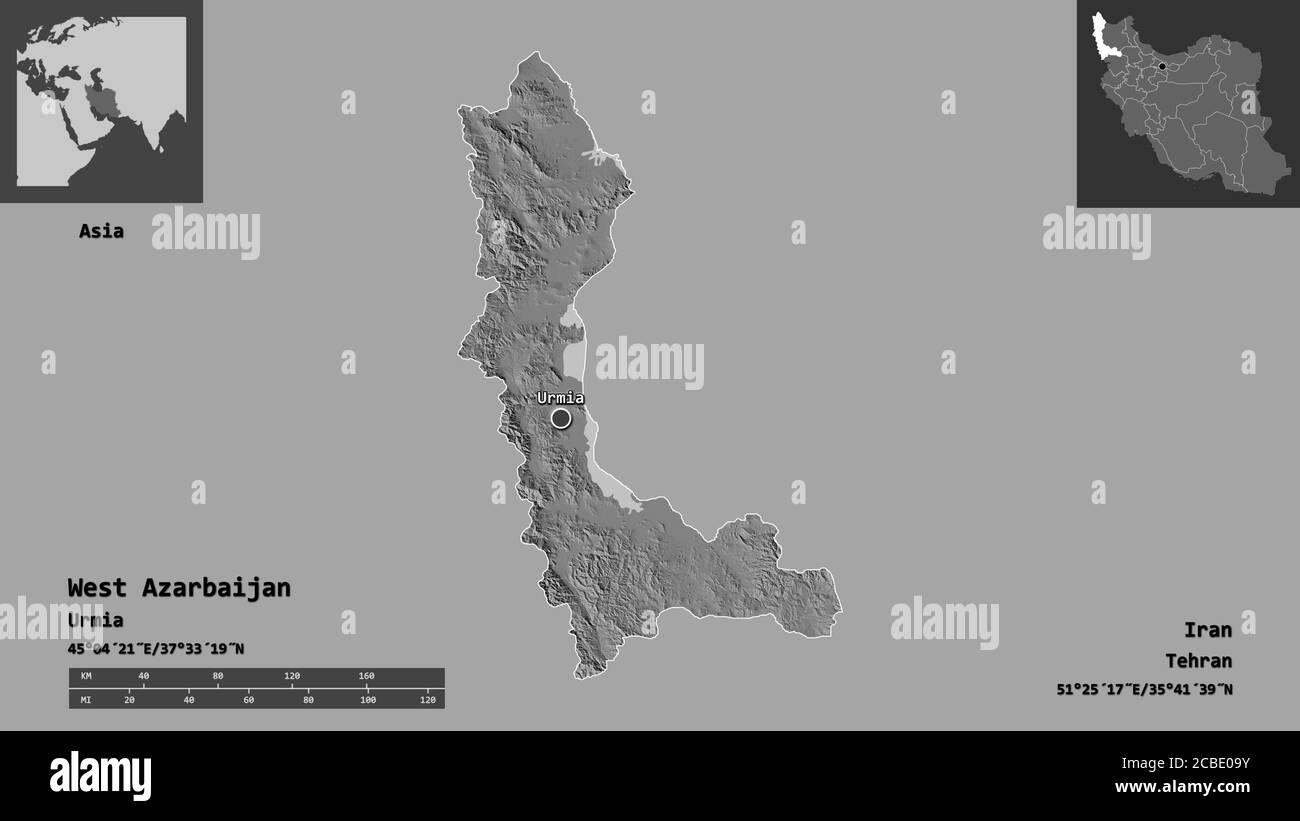 Shape of West Azarbaijan, province of Iran, and its capital. Distance scale, previews and labels. Bilevel elevation map. 3D rendering Stock Photo