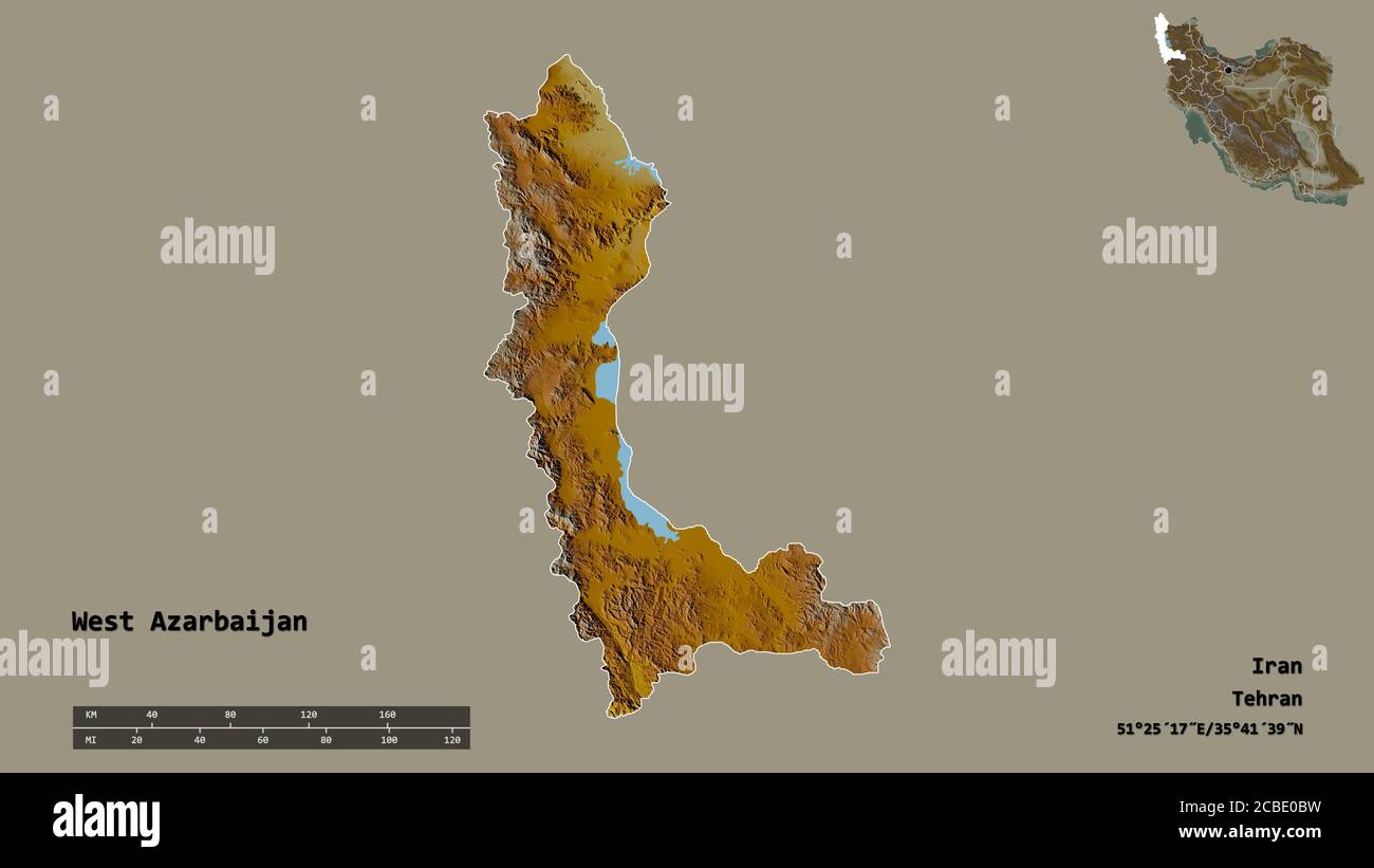 Shape of West Azarbaijan, province of Iran, with its capital isolated on solid background. Distance scale, region preview and labels. Topographic reli Stock Photo